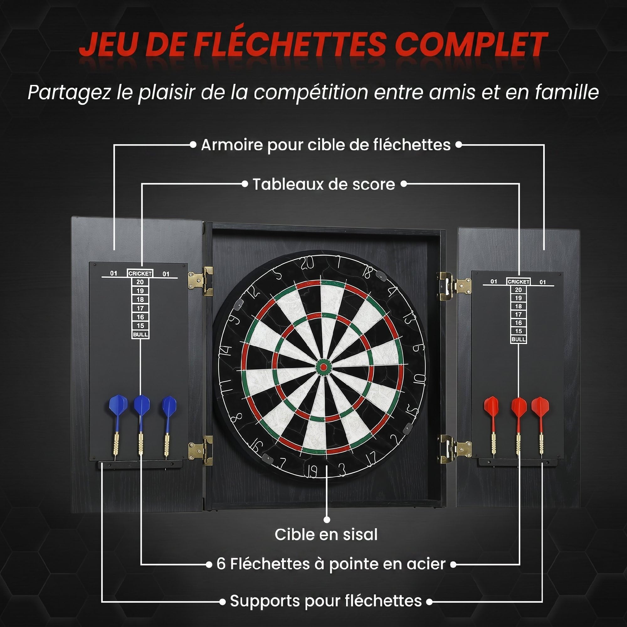 SPORTNOW Cible de Fléchettes en Sisal avec Cabinet Protection Murale Noir | 6 Fléchettes Pointe Acier, 2 Tableaux de Score, pour Adulte