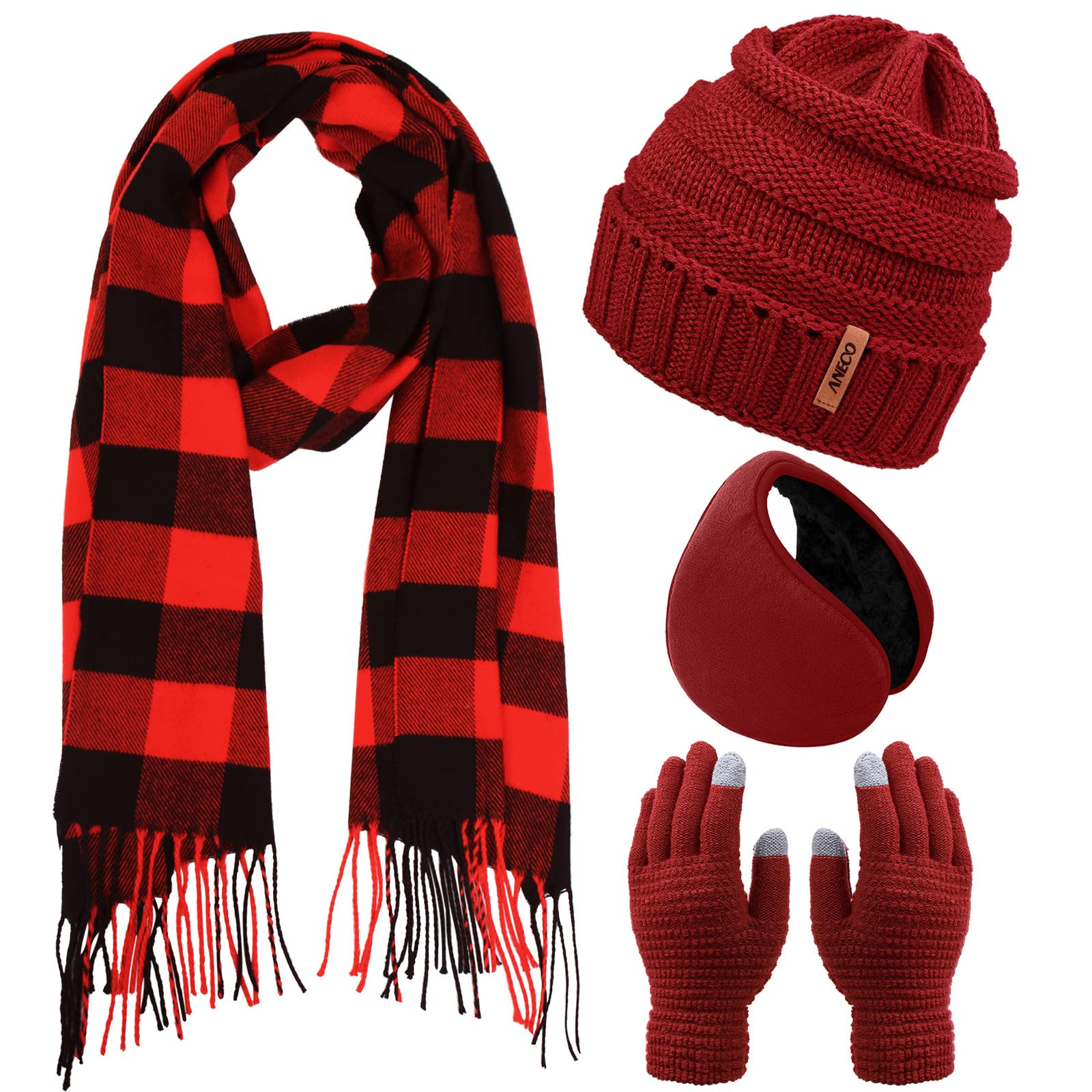 AnecoWinter Warm Knitted Sets Buffalo Plaid Scarf Beanie Hat Touch Screen Gloves and Winter Ear Warmer Set for Men or Women