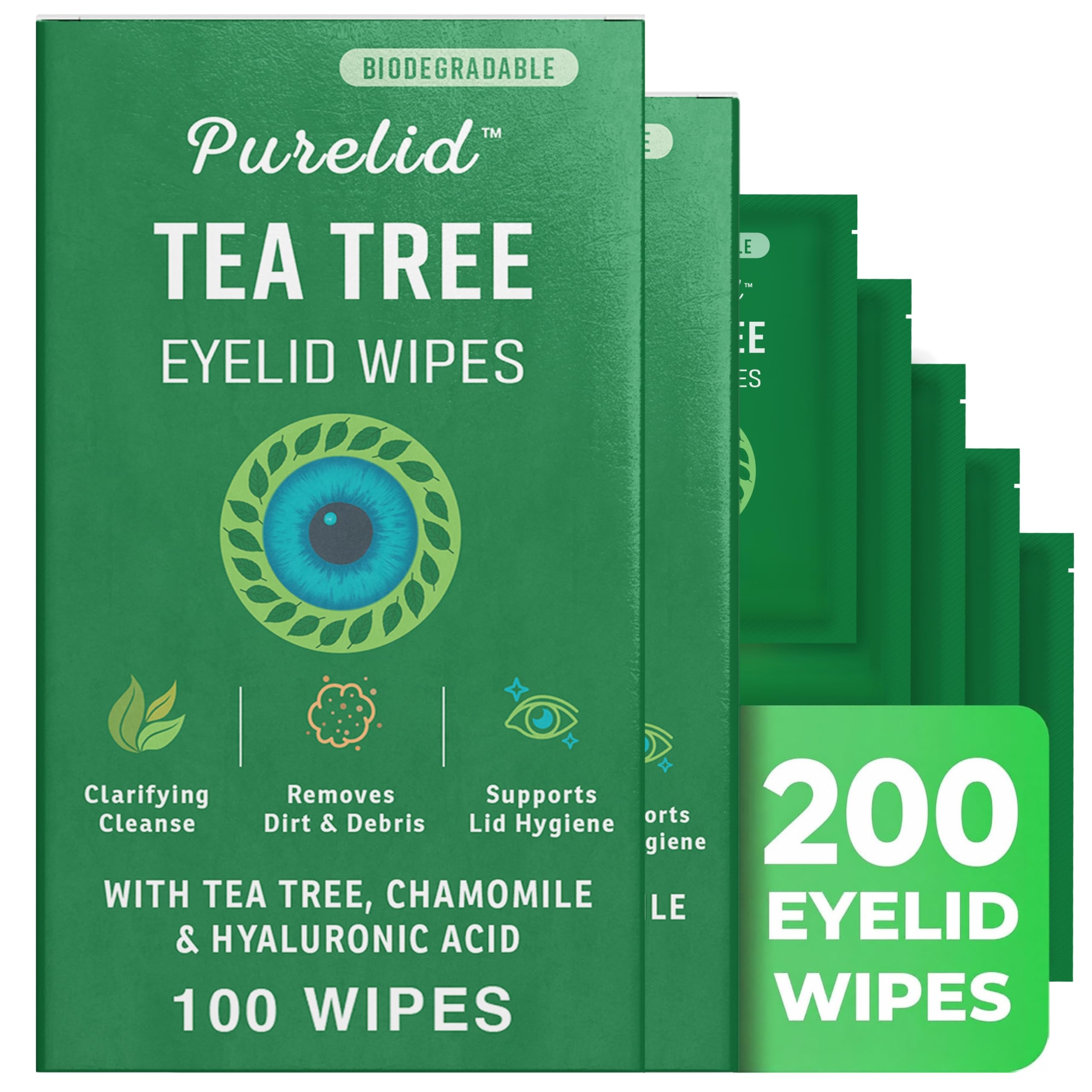 Teebaum Augenlidtücher - 100 Teebaumöl Augentücher für Menschen mit trockenen Augen & Allergien - Sanfter Augenlidreiniger mit Hyaluronsäure - Einzeln verpackt & biologisch abbaubar - 2er Pack