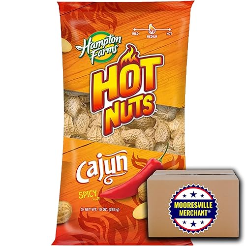 Hampton Farms Hot Nuts, cacahuetes picantes cajún, 10 onzas, 3 bolsas con calcomanía Mooresville Merchant