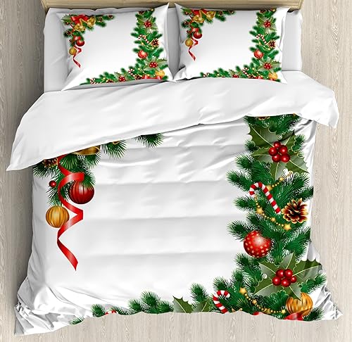 Ambesonne Juego de funda de edredón de Navidad, adornos de abeto con temática de Noel, diseño clásico de Año Nuevo, juego de ropa de cama decorativo