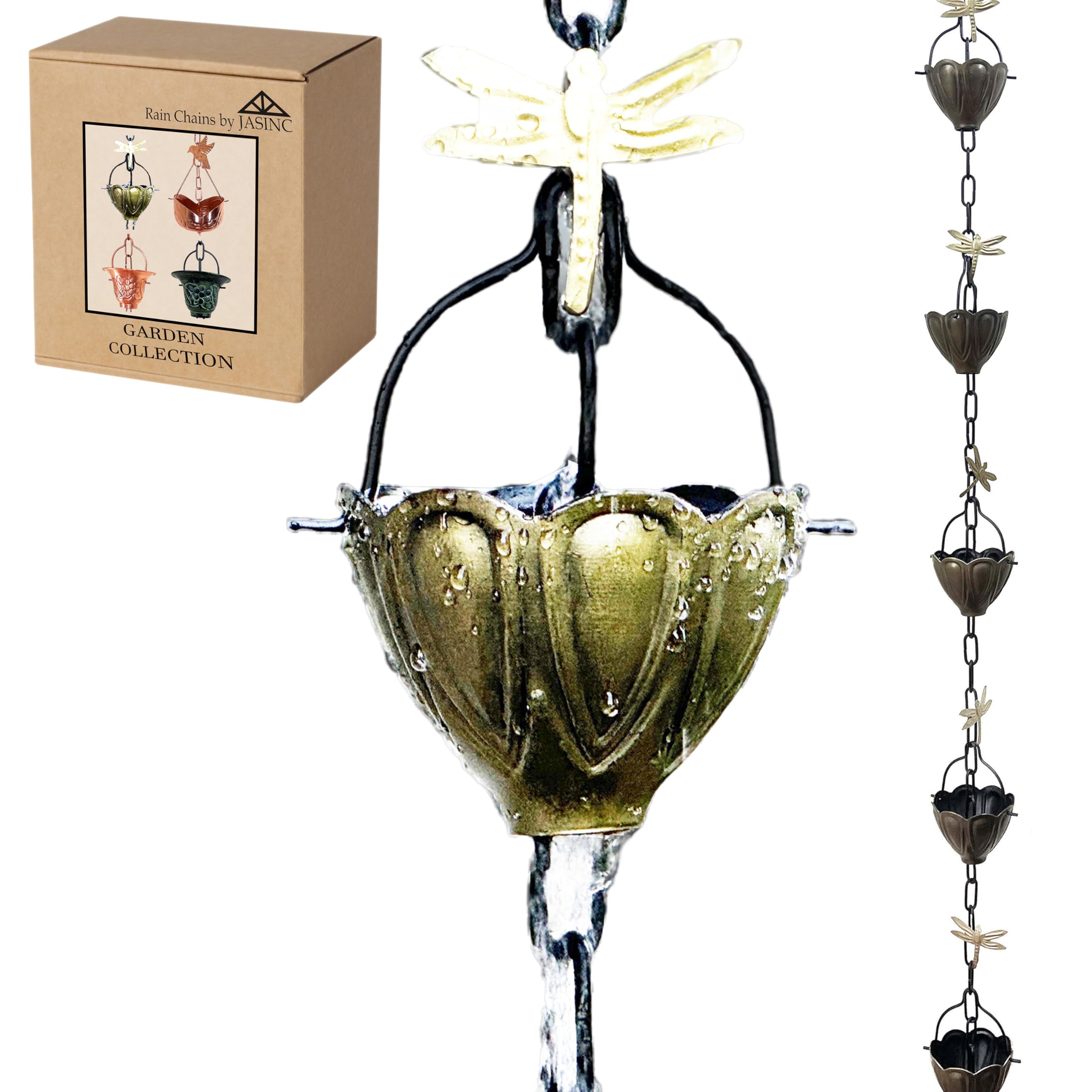 8.5 ft Dragonfly Cups Antique Treated Aluminum, to Replace Roof Gutter Downspout, with Installation Kit, Rainwater Catcher/Water Diverter, JAS8004AB