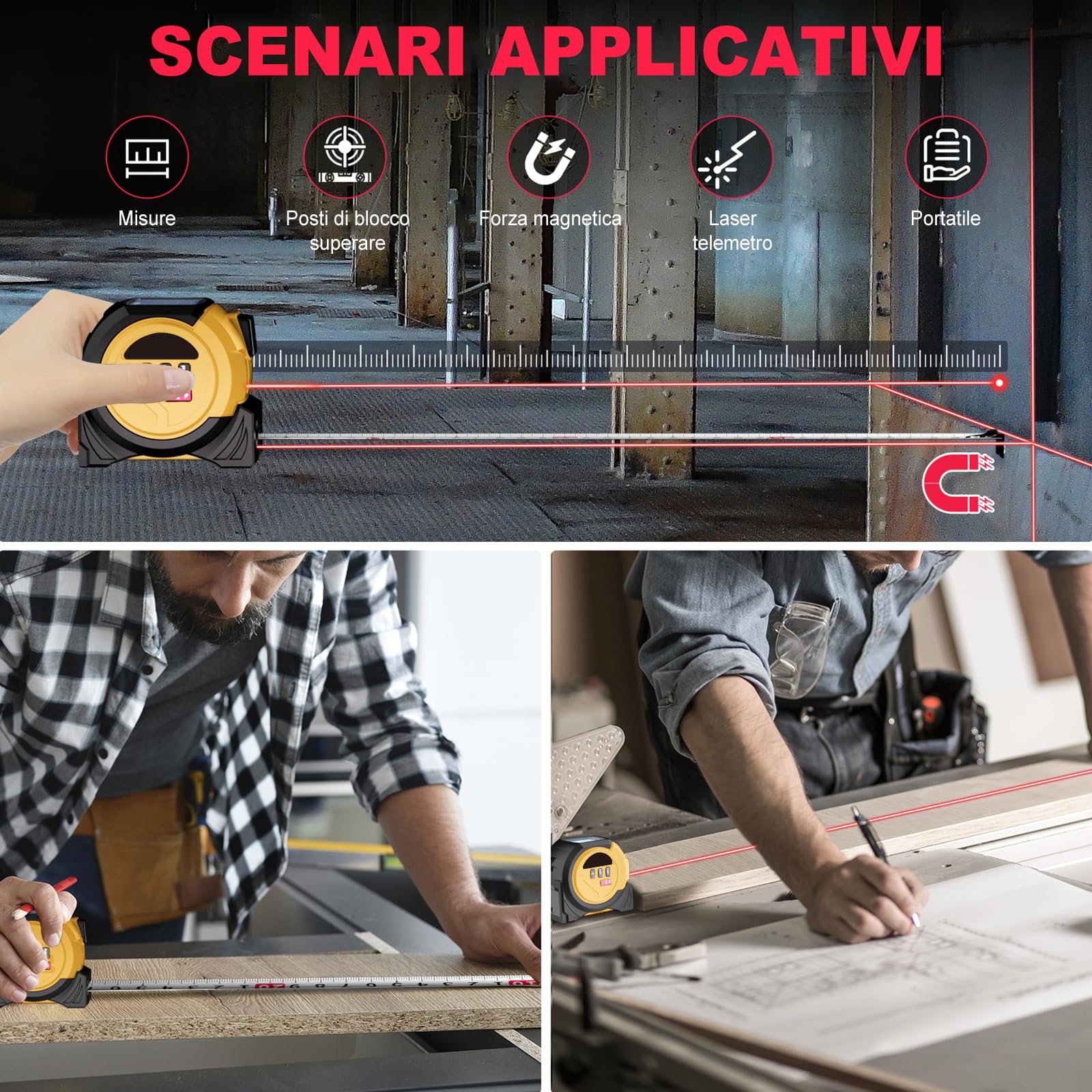 Misuratore Laser 3 In 1, 60 M Telemetro Laser Digitale, Misuratore di Distanza (Unità: M/In/Ft), Metro A Nastro da 5 M + Proiettore A Croce Rossa, per La Lavorazione Del Legno E L'Edilizia