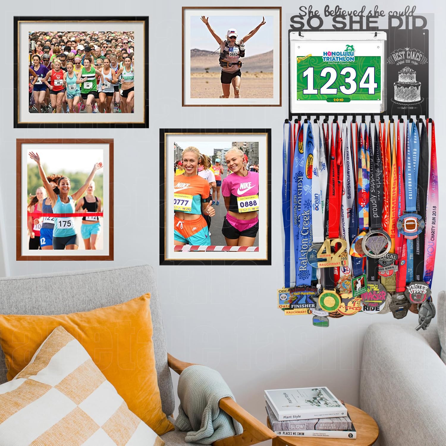 BIB - Soporte para medallas de pared, diseño con texto en inglés "She Believed She Could So SHE DID-Medallas, premios, cinta, animación, gimnasia, fútbol, softball, medallas
