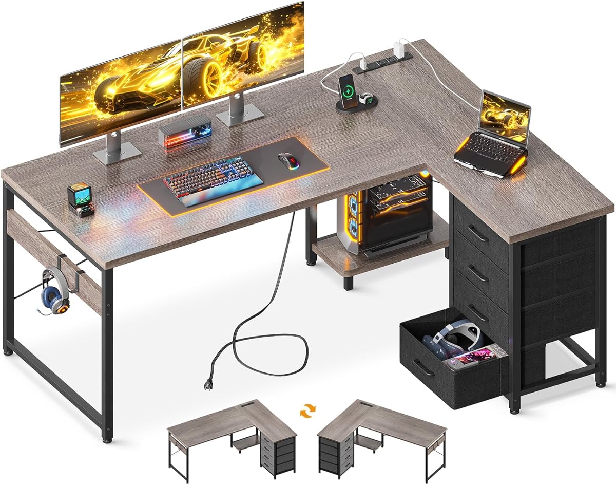 AODK L Shaped Gaming Desk with 4 Drawers, 53" Reversible Home Office Desks with Power Outlets, L Shaped Computer Desk with USB Charging Port and Host Stand, Corner Desk, Easy to Assemble, Grey