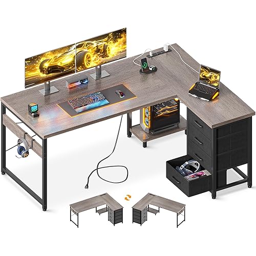 AODK L Shaped Gaming Desk with 4 Drawers, 53" Reversible Home Office Desks with Power Outlets, L Shaped Computer Desk with USB Charging Port and Host Stand, Corner Desk, Easy to Assemble, Grey