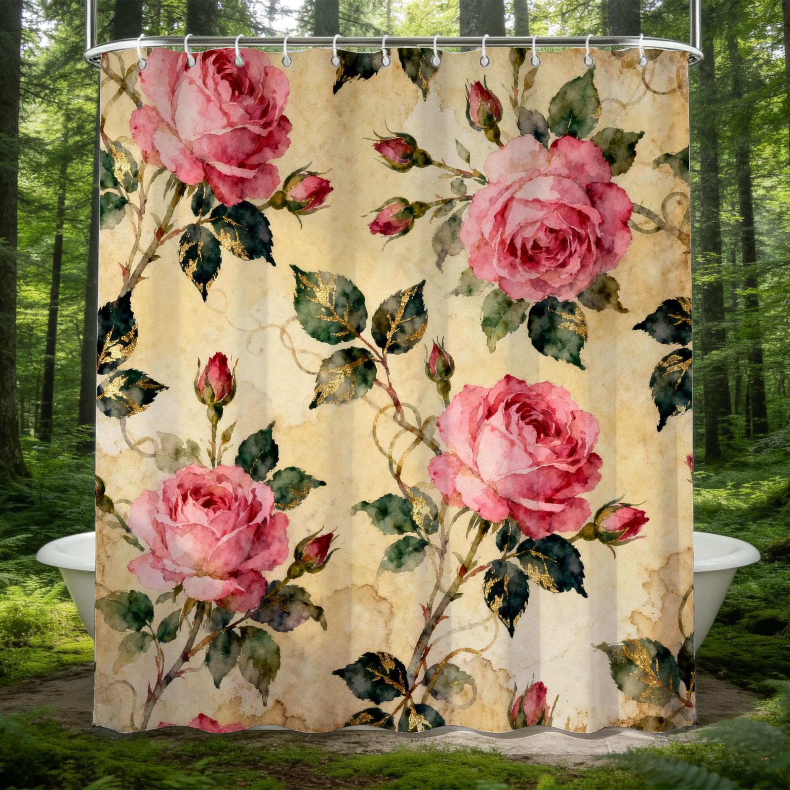 Hongduo 3D Vintage Rose Shower Curtain for Stalls Bathtubs Shabby Chic Bathroom Decor Shower Curtain Set Polyester Fabric Waterproof 200x200cm/79X79 Inch with Hooks