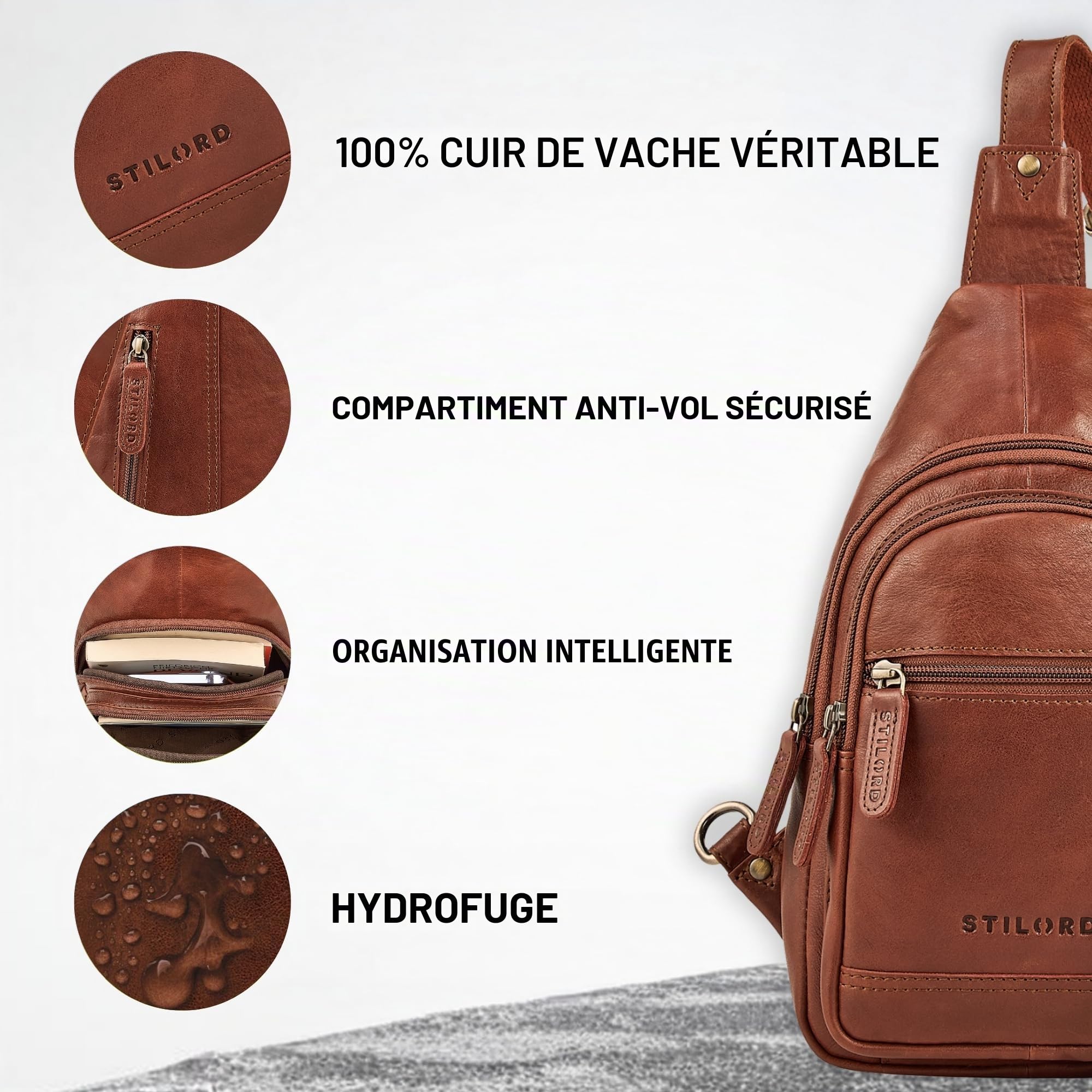 STILORD "Torino Sac Poitrine Homme Cuir Stylé Crossbody Bag – Sacoche Bandoulière Homme Cuir Véritable à Porter pour Tablette 8,3 Pouces Antivol Voyage et le Quotidien Couleur:noir
