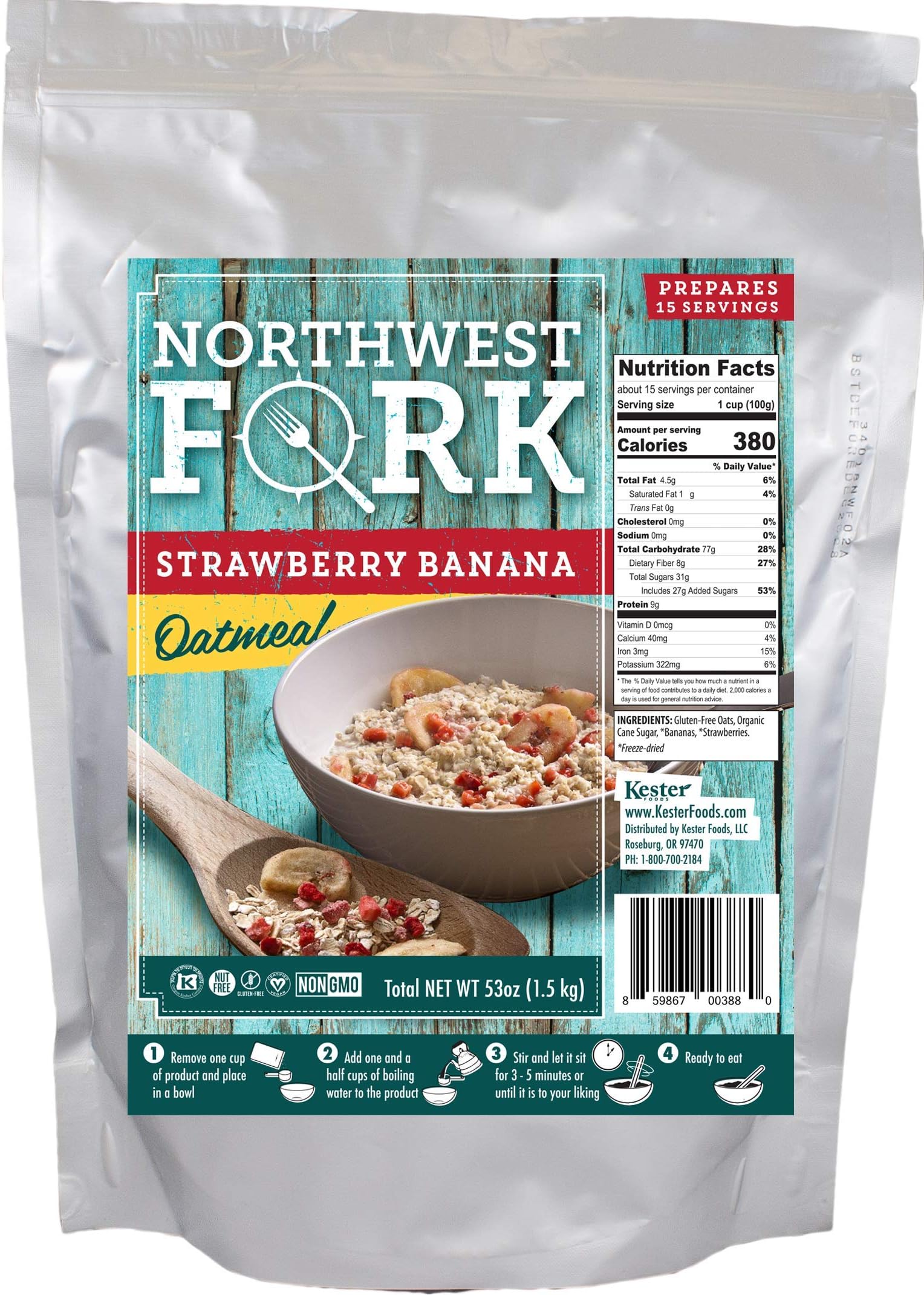 NorthWest ForkStrawberry Banana Oatmeal (Gluten-Free, Non-GMO, Vegan) 15 Serving Bag - 10+ Year Shelf Life