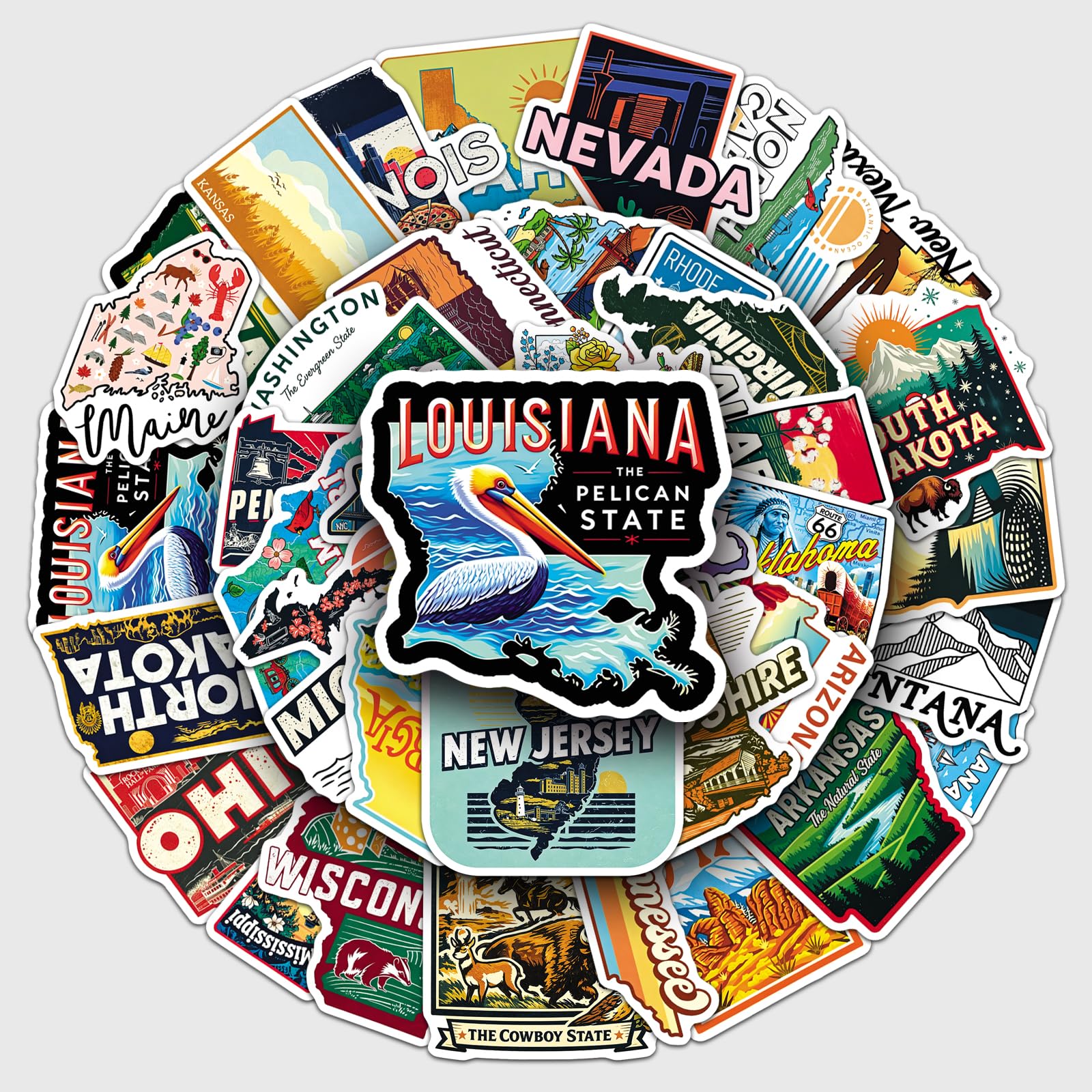 USA State Map Stickers 50 Pcs, Vinyl American Travel Landmark Decals with State Name and Scenic Designs for Scrapbook Journal Laptop Water Bottle Luggage Phone Case Decor