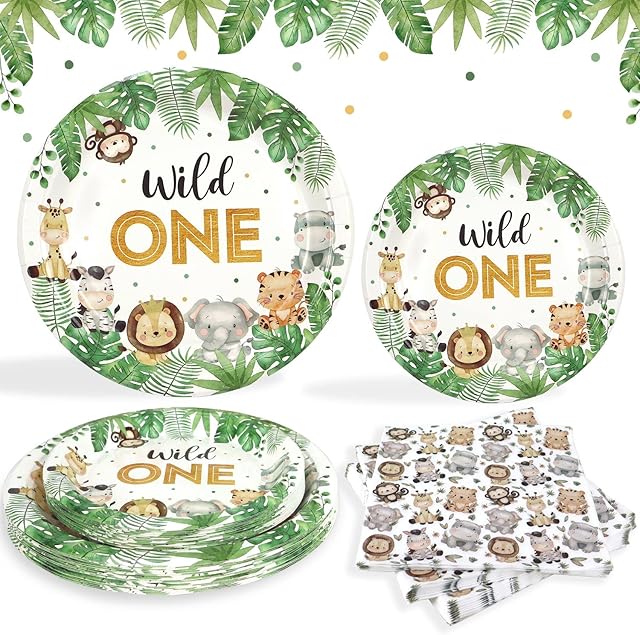Heboland Wild One Birthday Decorations Plates and Napkins for 25 Guests, Safari 1st Birthday Decorations, Jungle Theme Party Decorations for Boys Party Tableware Set