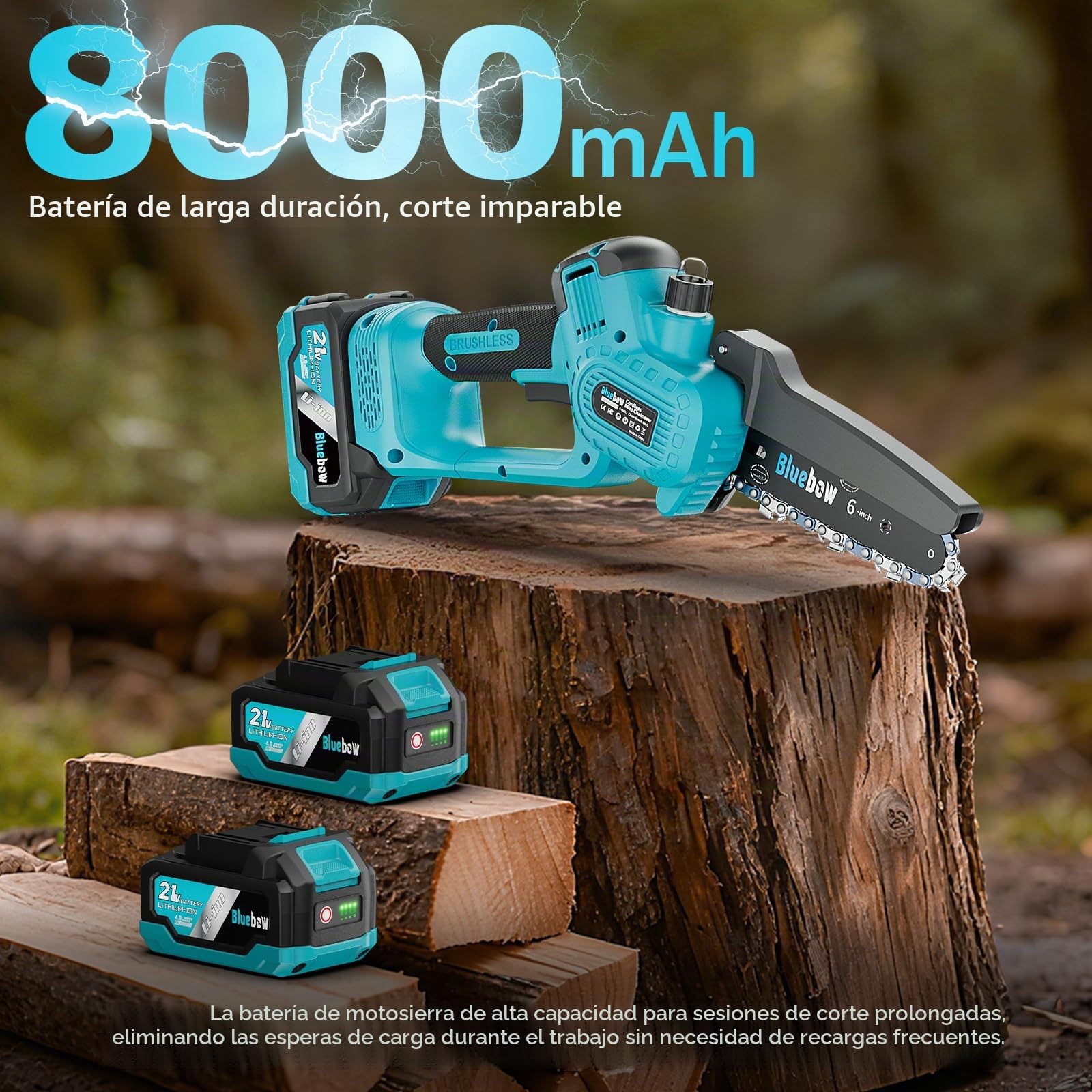 Mini motosierra inalámbrica sin escobillas, sierra eléctrica de 6 pulgadas con sistema de engrasador, motosierra con 2 baterías de 4000 mAh, motosierra pequeña con bloqueo de seguridad para cortar