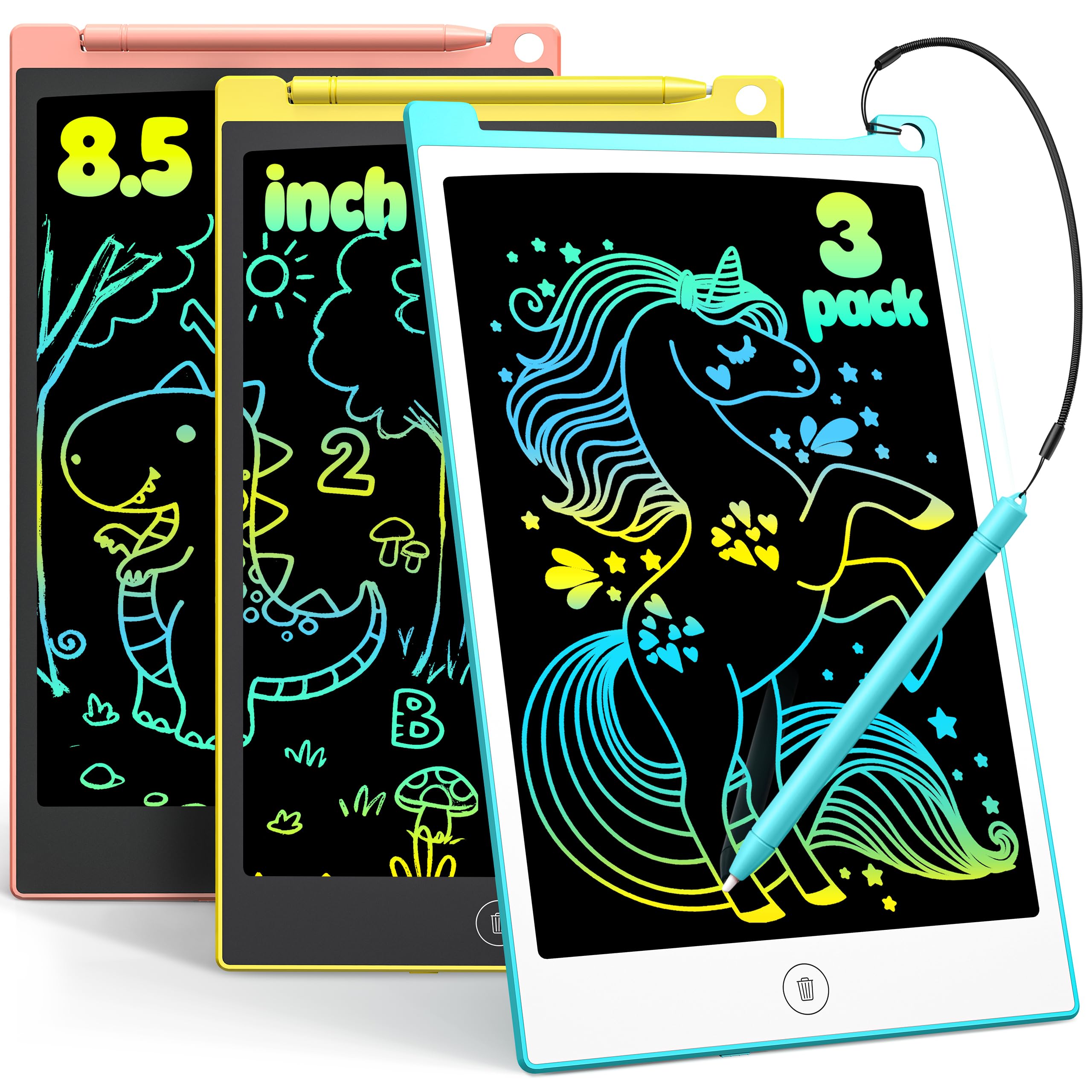 TECJOE 3 Pack LCD Writing Tablet, 8.5 Inch Colorful Doodle Board Drawing Tablet for Kids, Kids Travel Games Activity Learning Toys Birthday Gifts for 3 4 5 6 Year Old Boys Girls Toddlers Preschooler