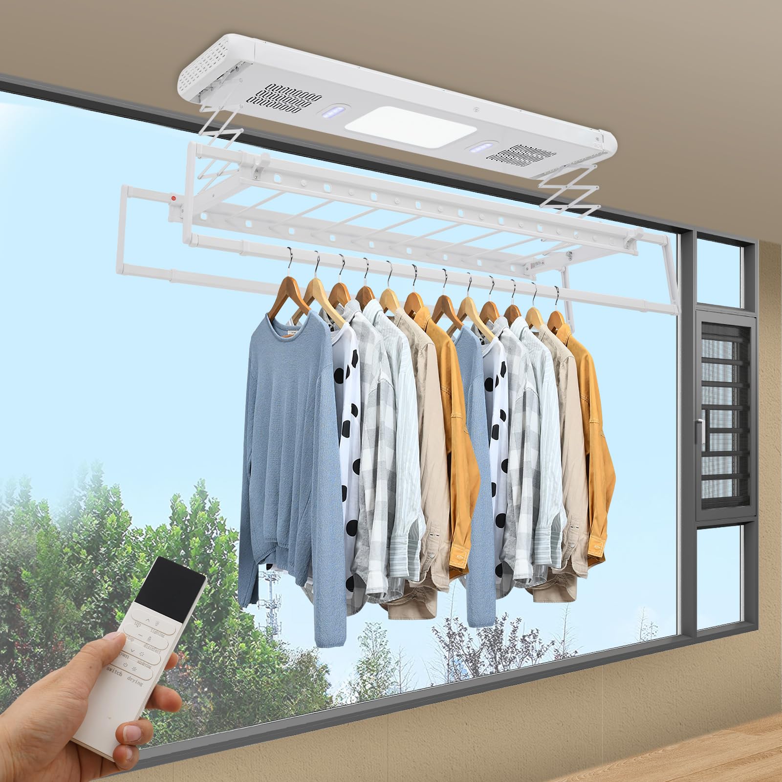 Elektrischer Wäscheständer mit Fernbedienung 24W LED Light Elektrischer Kleiderstange 130-215 cm Decken-Wäscheständer für Hausbalkone, Badezimmer und andere Gelegenheiten (Weiß)