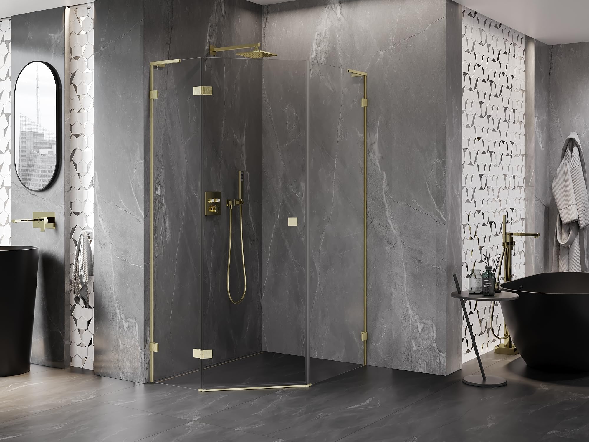 Mexen Lunar L Box Doccia Cinquagonale Porta Battente Sinistra 80x100 Trasparente Oro Spazzolato