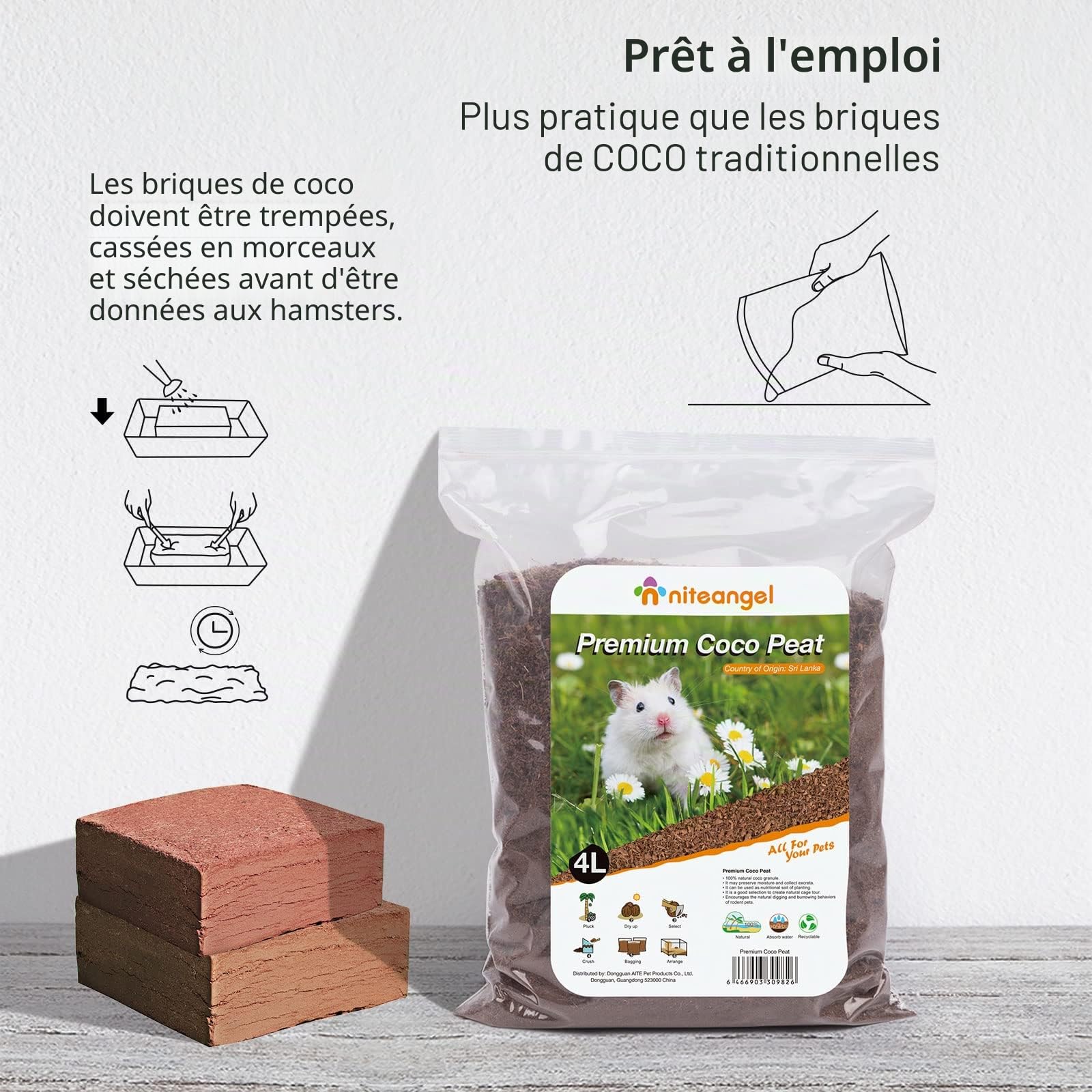 Niteangel Litière Naturelle pour Hamsters Nains syriens, gerbilles, Souris, Degus ou Autres Petits Animaux à Base de Coco/Cork. (Tourbe de Coco)