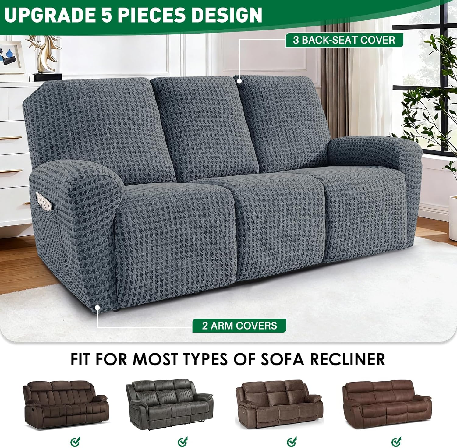 MAXIJIN Recliner Couch Cover, 5-Pieces Stretch Recliner Sofa Covers 3 Seater Reclining Couch Slipcovers Washable Furniture Protector with Pocket & Elastic Band (Dark Gray)