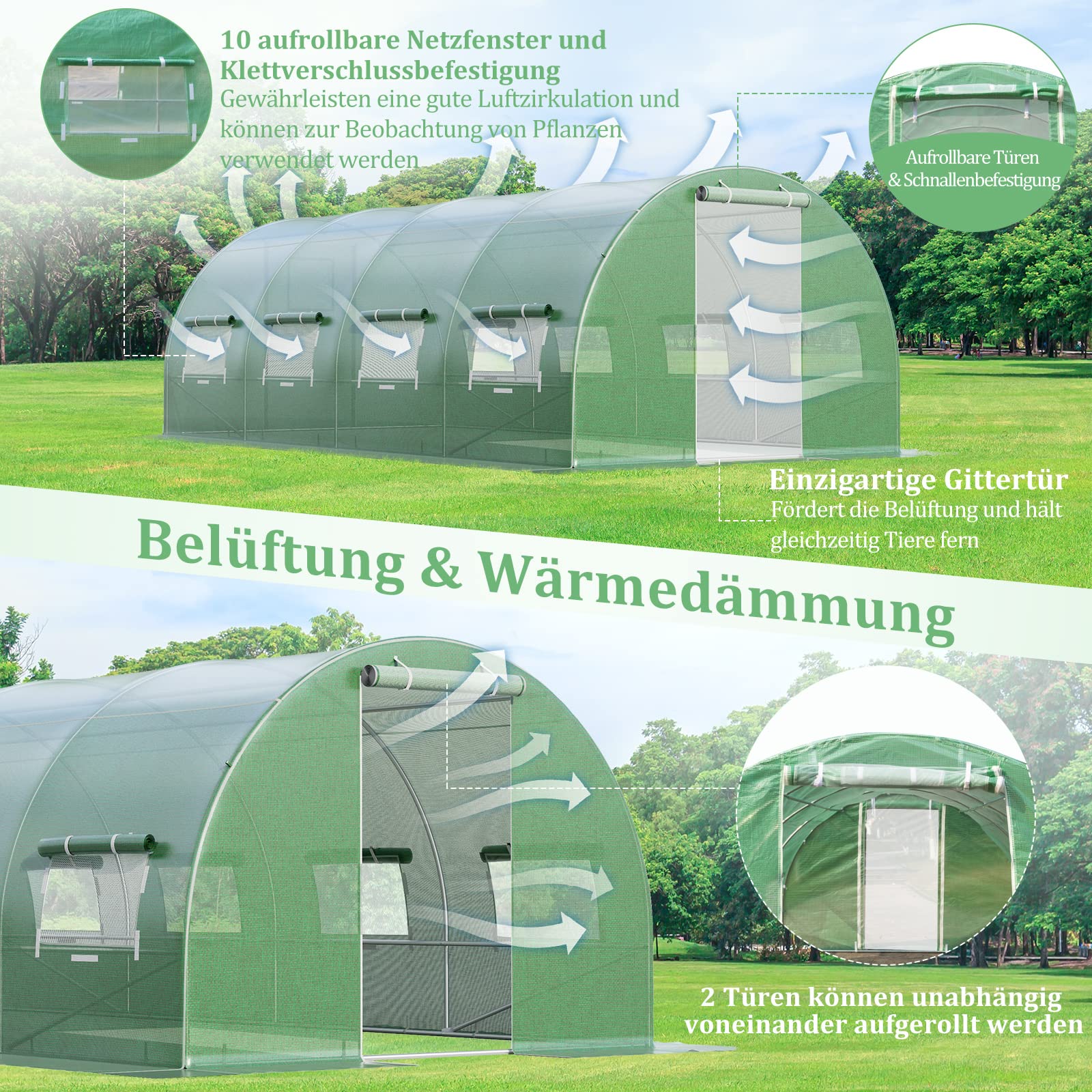 COSTWAY Szklarnia 6x3x2m, 18m², metalowa rama, 10 okien siatkowych i 2 drzwi ogrodowe, tunel foliowy, na pomidory, kwiaty, owoce, warzywa, zielona