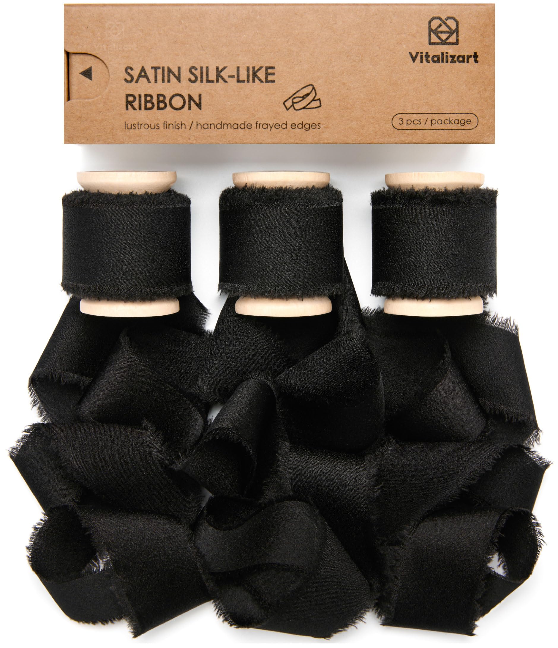 Vitalizart Black Silk Satin Ribbon 1" x 15 Yds Wooden Spool Handmade Frayed