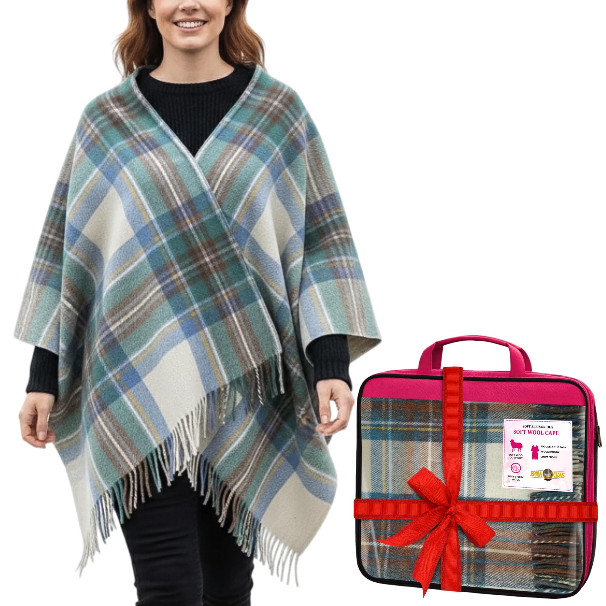 BRAW CLANS TARTANS Soft wool Tartan Poncho Blanket cape made in Scotland - Ruana cloak style - full body shawl - Mothers day Gift - Home, Travel, Camping - Stewart Muted Blue Tartan