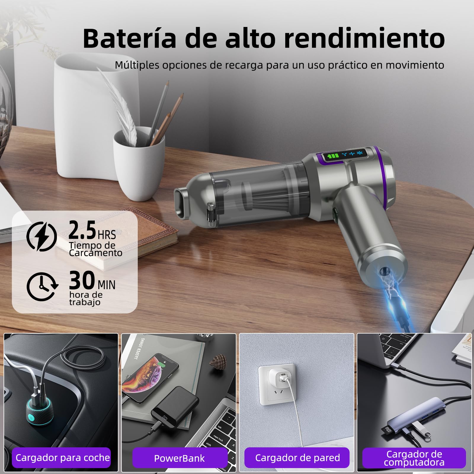Aspirador de Mano, 25000Pa 4 en 1 Aspiradora sin Cable, Descarga de Polvo Auto-Aspirador con un Toque, Motor sin Escobillas, 3 Niveles de Succión, para el Hogar/Oficina/Coche/Pelo, Plateado