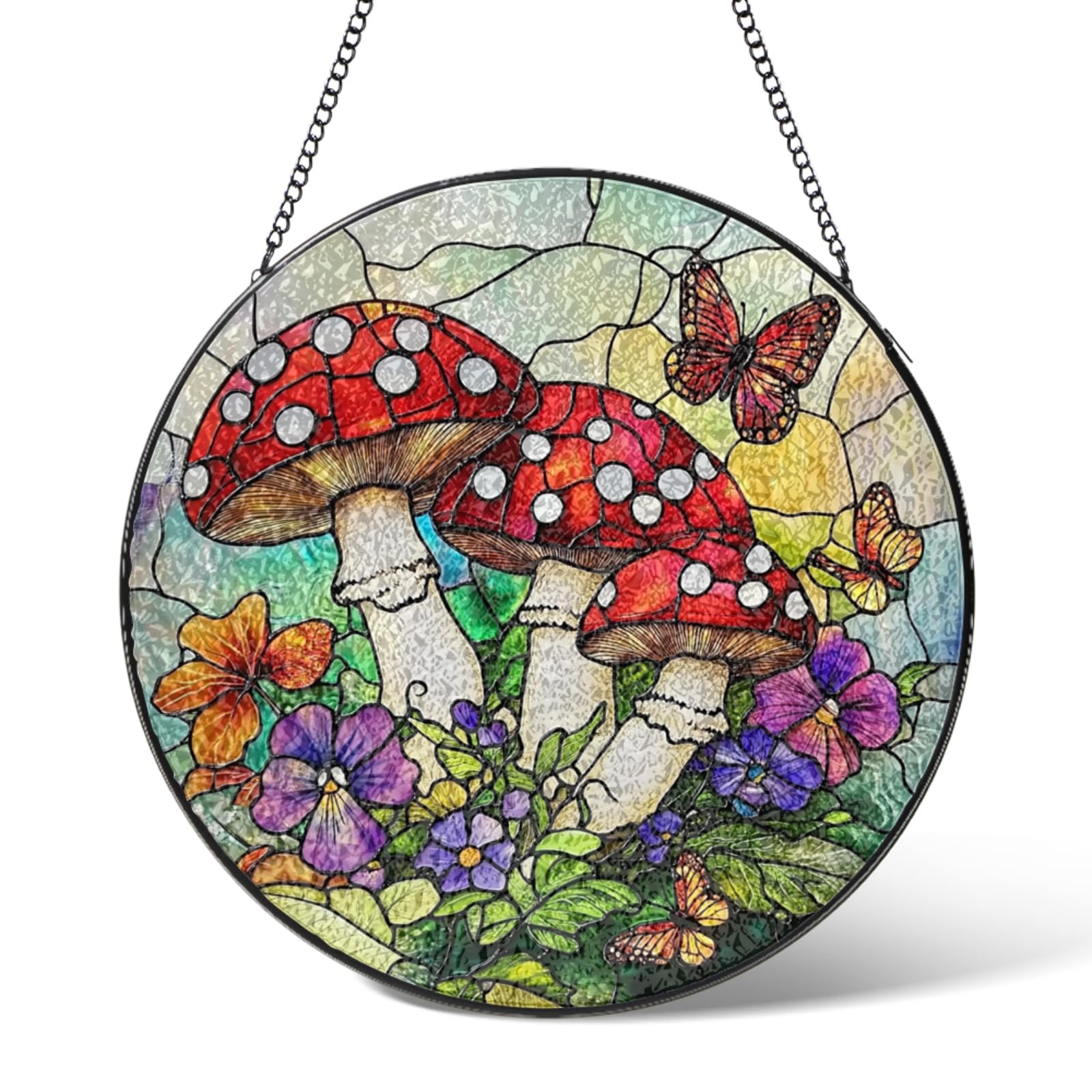 Stained Glass Window Hanging Mushroom Suncatchers Home Decor,Butterflies Flowers Suncatcher Windows Decorations for Garden Patio Kitchen,Sun Catcher Ornaments Gifts for Christmas Birthday 9.8 IN