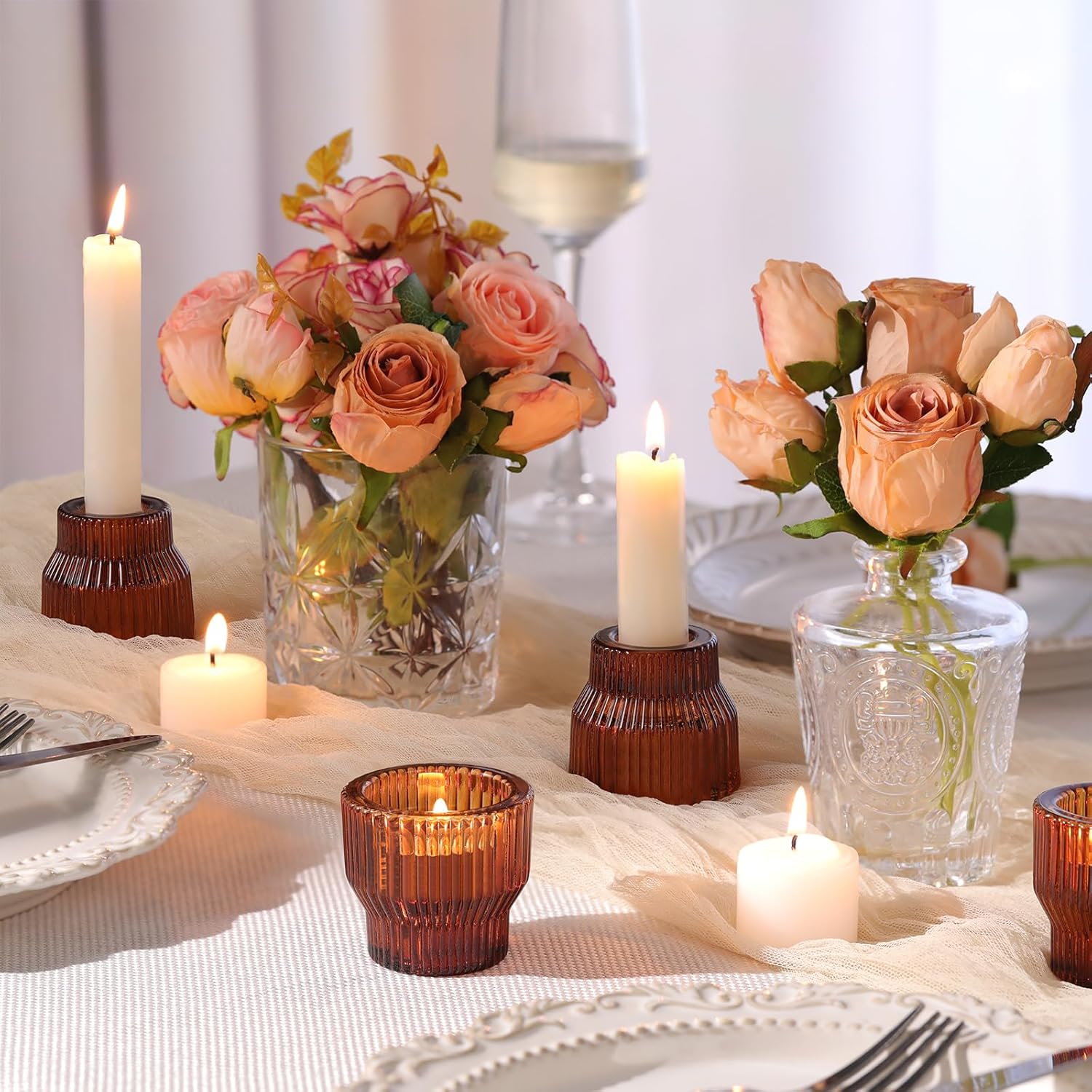 12pcs Amber Glass Candlestick Holders, Taper Candle Holders Tea Light Candle Holder for Wedding Centerpieces Table Decorations, Votive Candle Holders for Table Decor - Image 5