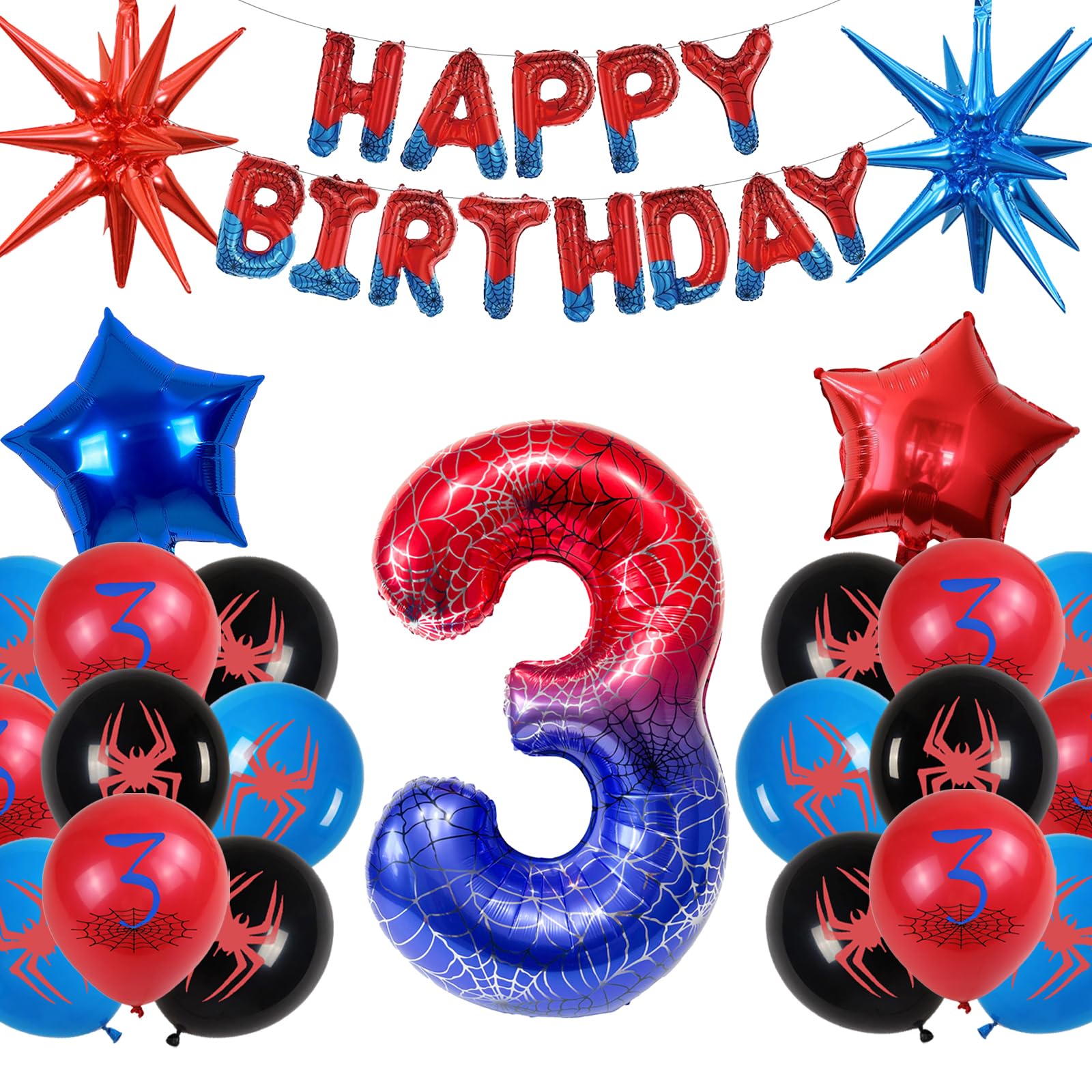 Kit 15 Ballons Spider Hélium - 1 Ballon Chiffre 3 + étoiles Aluminium + Latex - Pour Anniversaire 3 Ans, Halloween, Fête Enfant - 9