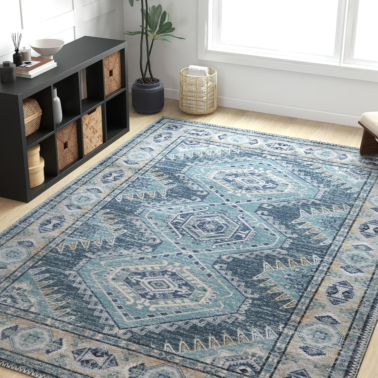 Belffin Boho Area Rugs 8x10 Washable Living Room Moroccan Rug, Thin Towelling Large Area Rugs, Soft No-Slip Foldable Indoor Carpet for Bedroom, Dining Room, Kitchen, Blue 8' x 10' Blue