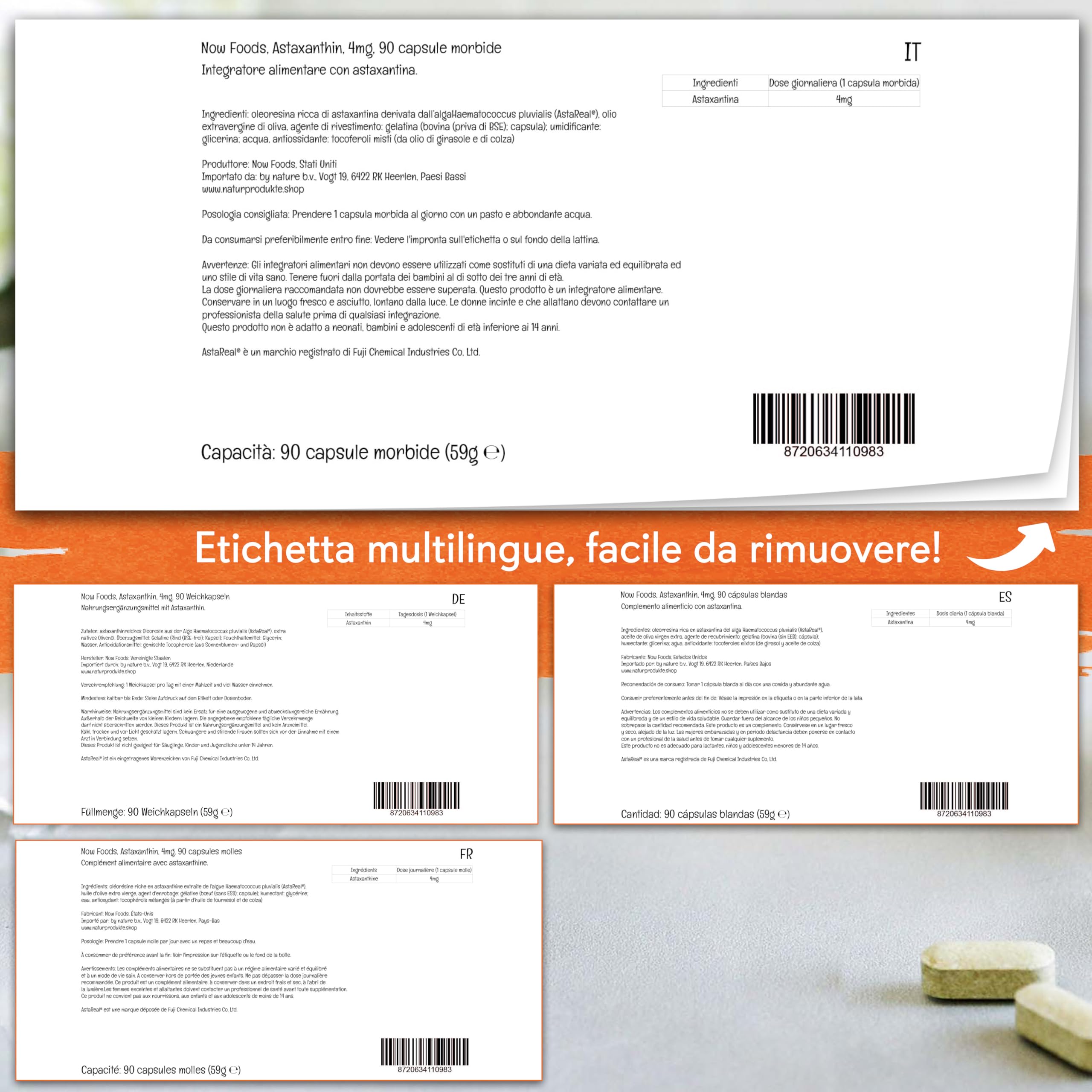 Now Foods, Astaxanthin, 4 mg, 90 Capsule molli, Testato in Laboratorio, Carotenoide, Senza Glutine, Non-GMO