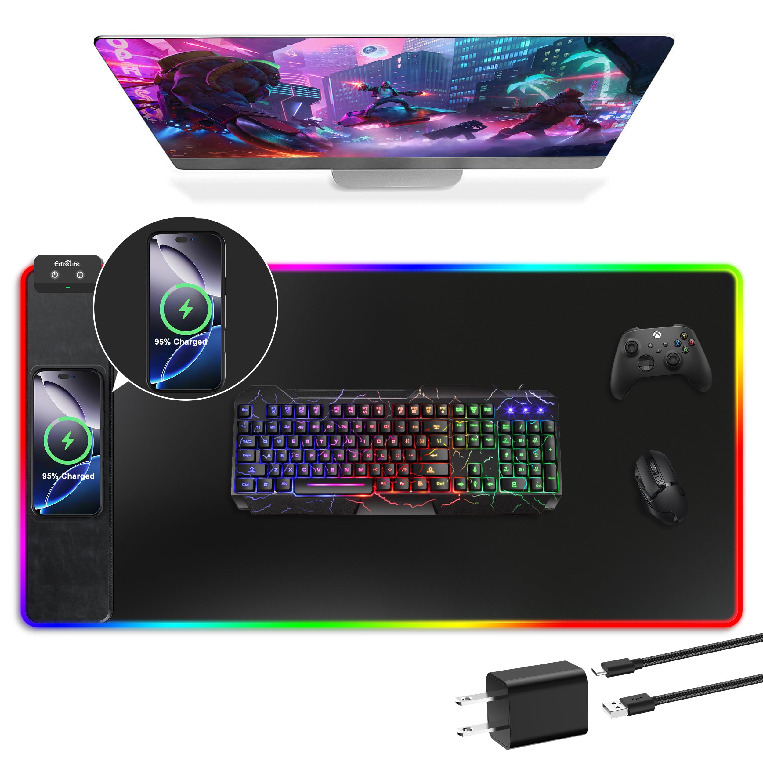 Tappetino per mouse con ricarica wireless, tappetino per mouse da gioco RGB, grande tappetino da scrivania con superficie ultra liscia, tappetino per mouse antiscivolo, tappetino impermeabile per
