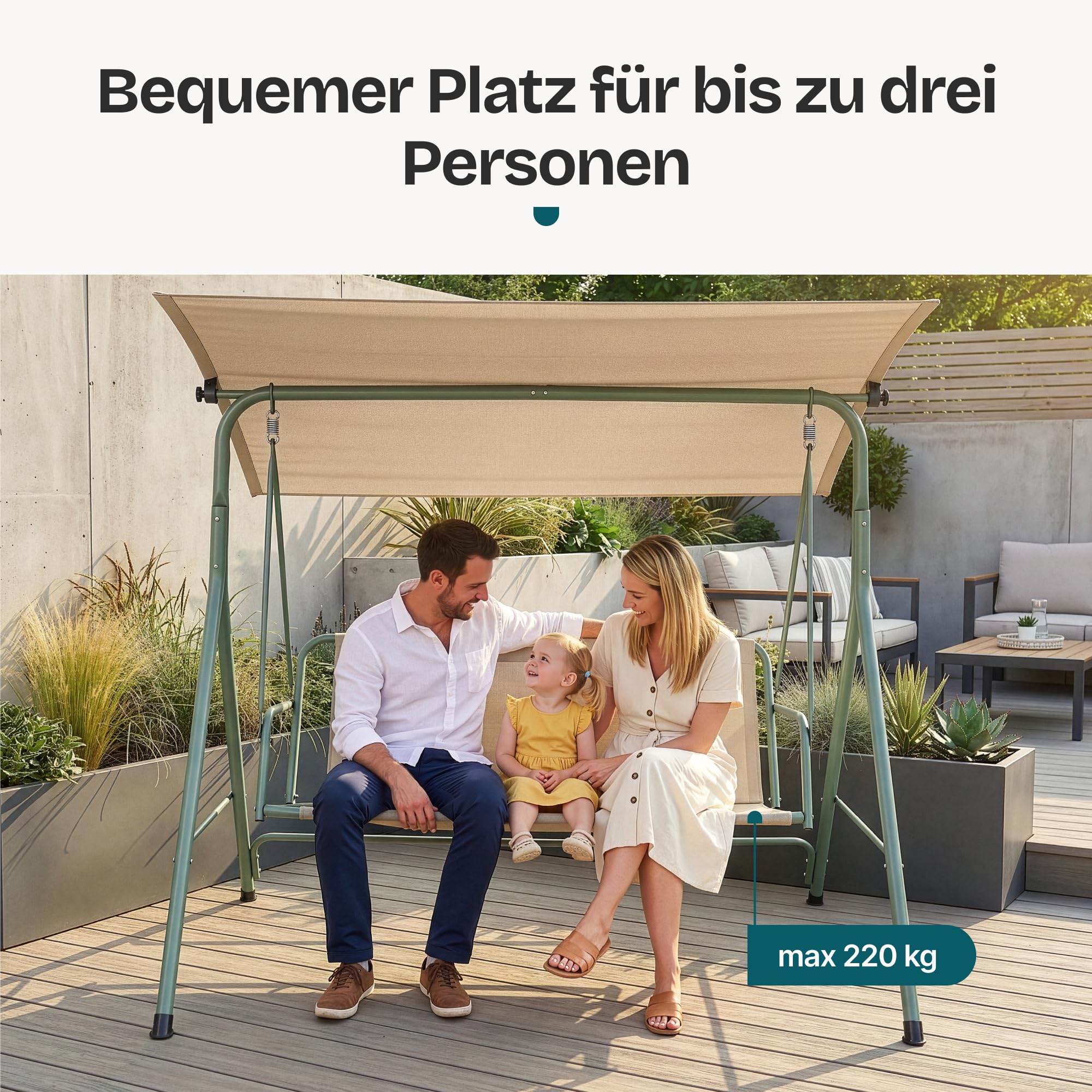 [en.casa] Hollywoodschaukel 3 Sitzer Satten Gartenschaukel Outdoor mit Gestell max. 220 kg mit Dach wetterfest Schaukelbank Balkon 173 x 119 x 153 cm Hellgrün/Beige