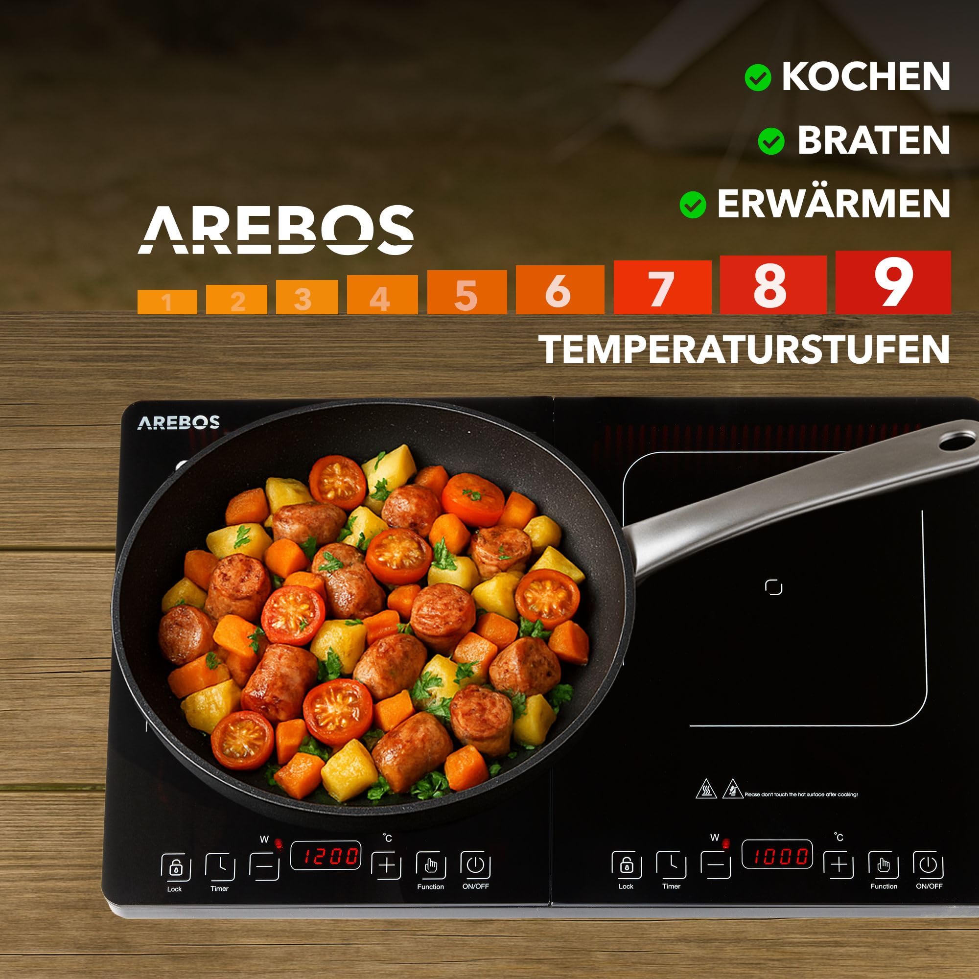 Arebos Doppel-Induktionskochplatte 3500W | 2 Kochzonen mit Touch-Display & Timer | Induktionskochfeld tragbar für Camping, Outdoor & Küche | Überhitzungsschutz | Energieeffizient