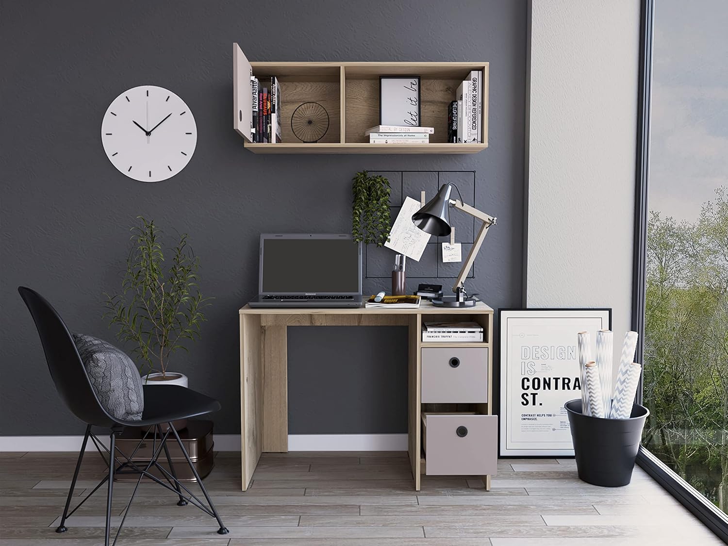 Khali Office Set - 2 Shelves, 2 Drawers, Wall Cabinet, Single Door Cabinet - Light Oak/Taupe Home Office Furniture