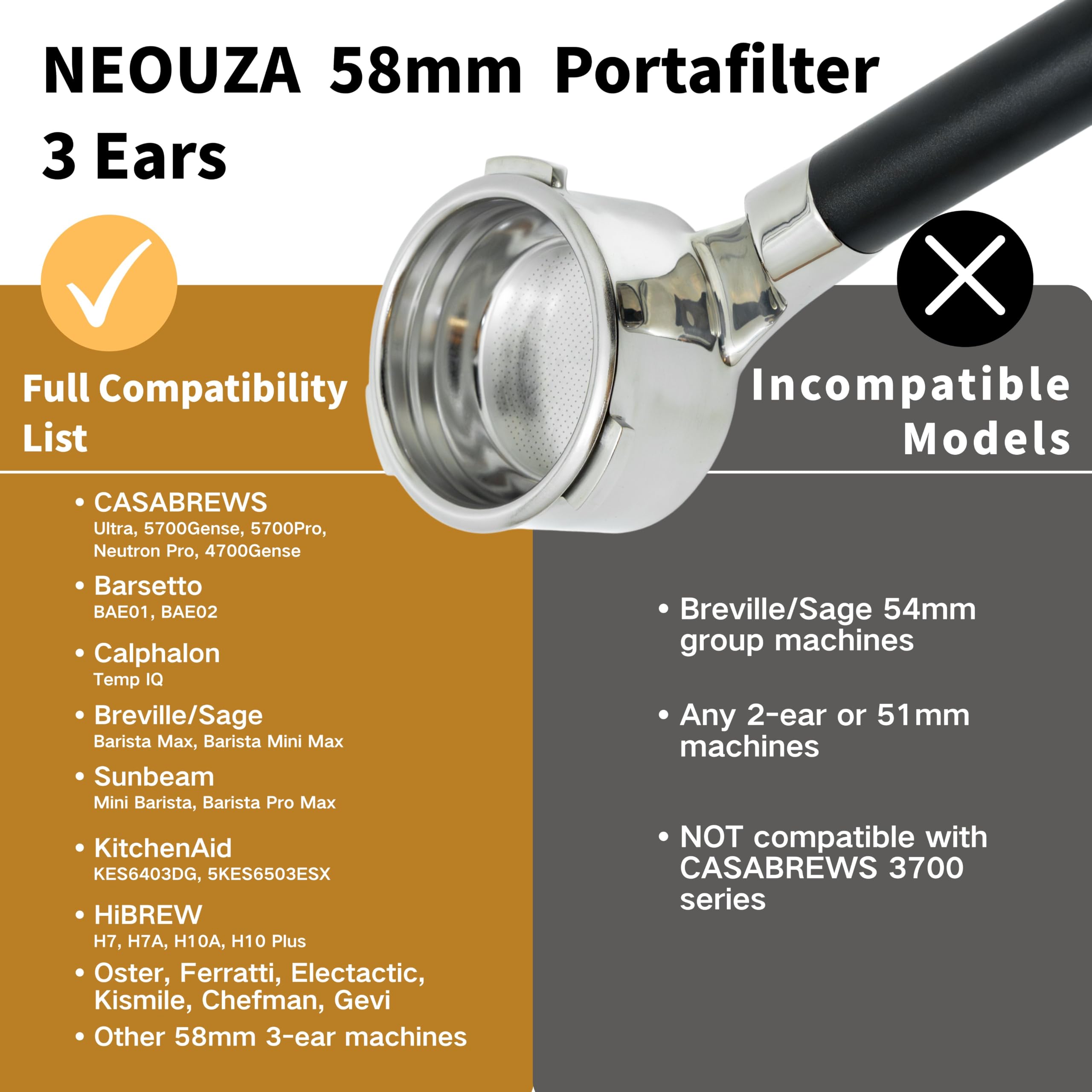NEOUZA 58mm Bezdniowy Portafilter 3 uszy dla CASABREWS Barista Max | Flat-On-Counter Design, 0,2 mm Puck Screen, 18 g kosz bez ciśnienia, widoczna ekstrakcja