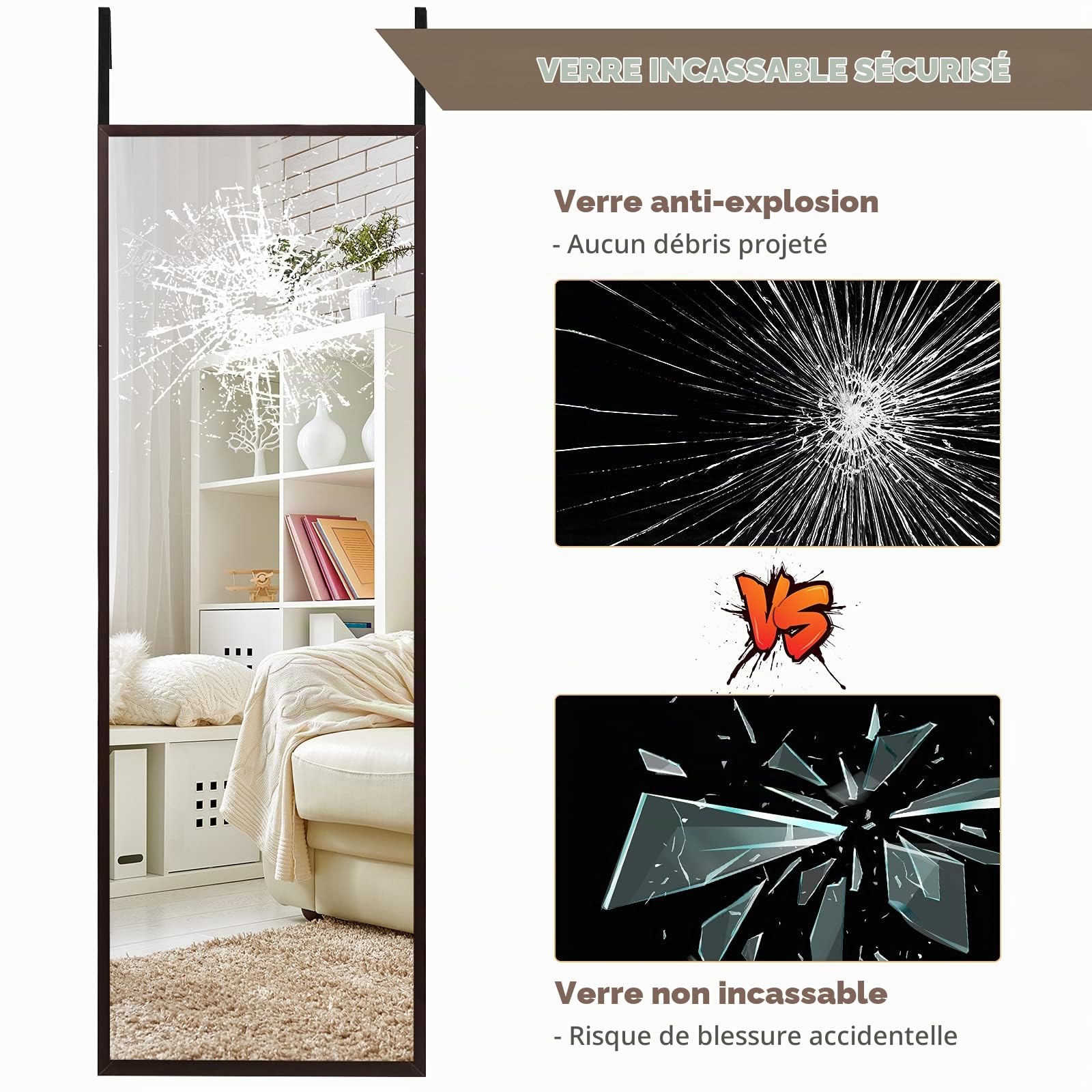 GIANTEX - Miroir à Porte Mural Apparent, Surface Anti-déflagrante, 2 Crochets Pour Régler la Hauteur - Cadre en Fer 36 x 1,5 x 107,5 cm (Marron)