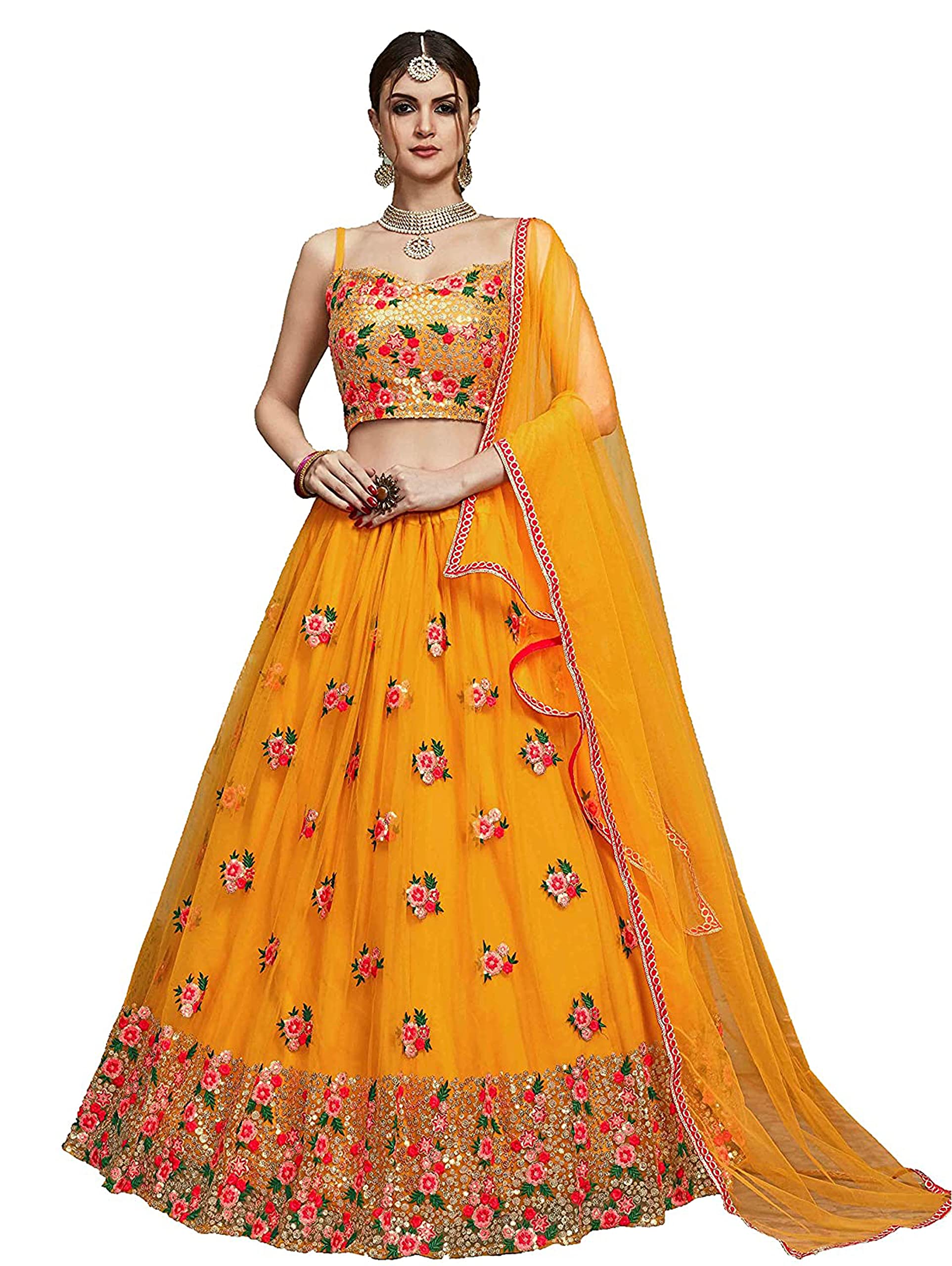 Artist Unknownmahich women's, Net Semi Stitched Sequins Lehenga Choli (Yellow_Free Size), Yellow, One Size