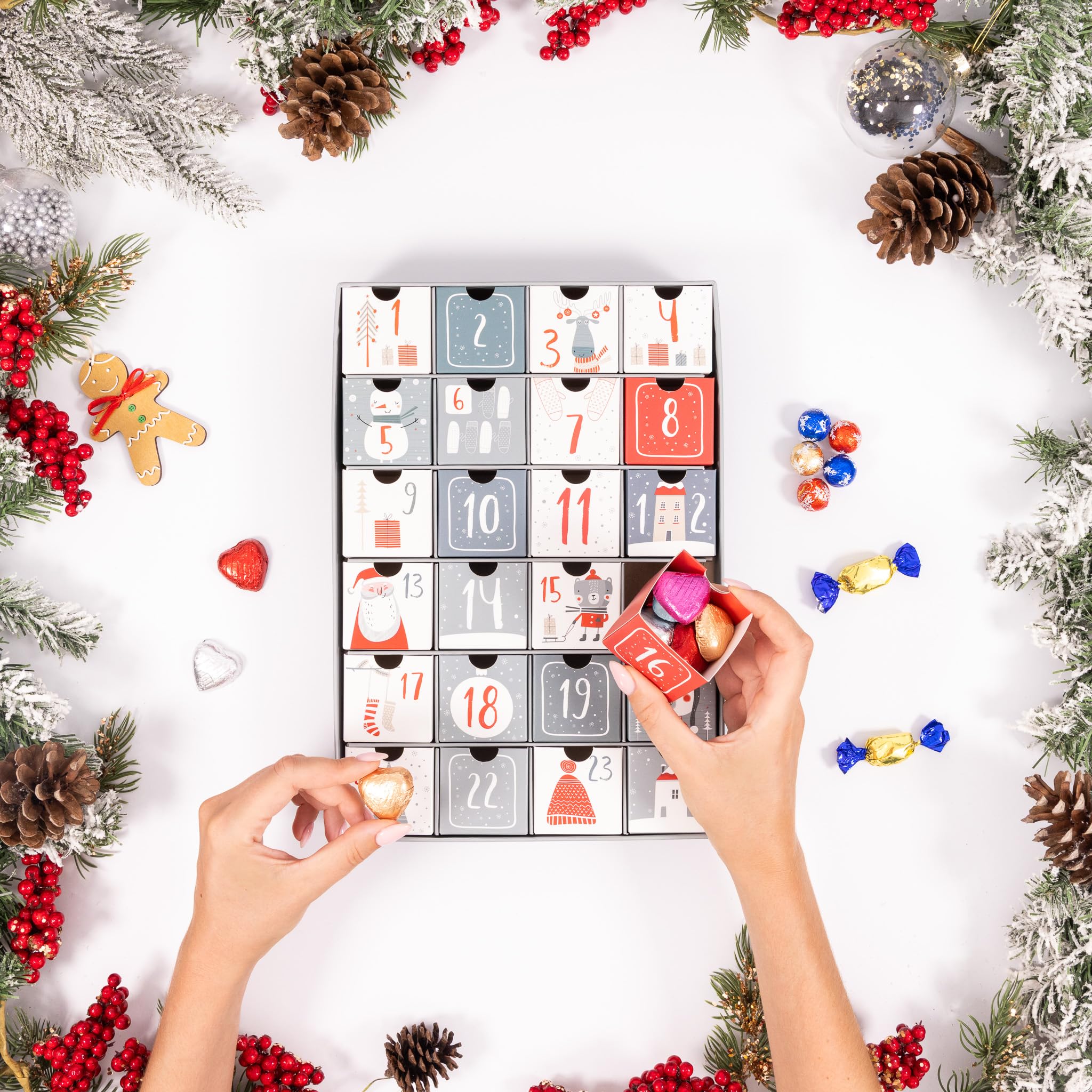 Adventskalender zum selber befüllen, 24 Tage wiederverwendbar, 1-24 leere Schubladen für Weihnachts-Countdown (Grau)