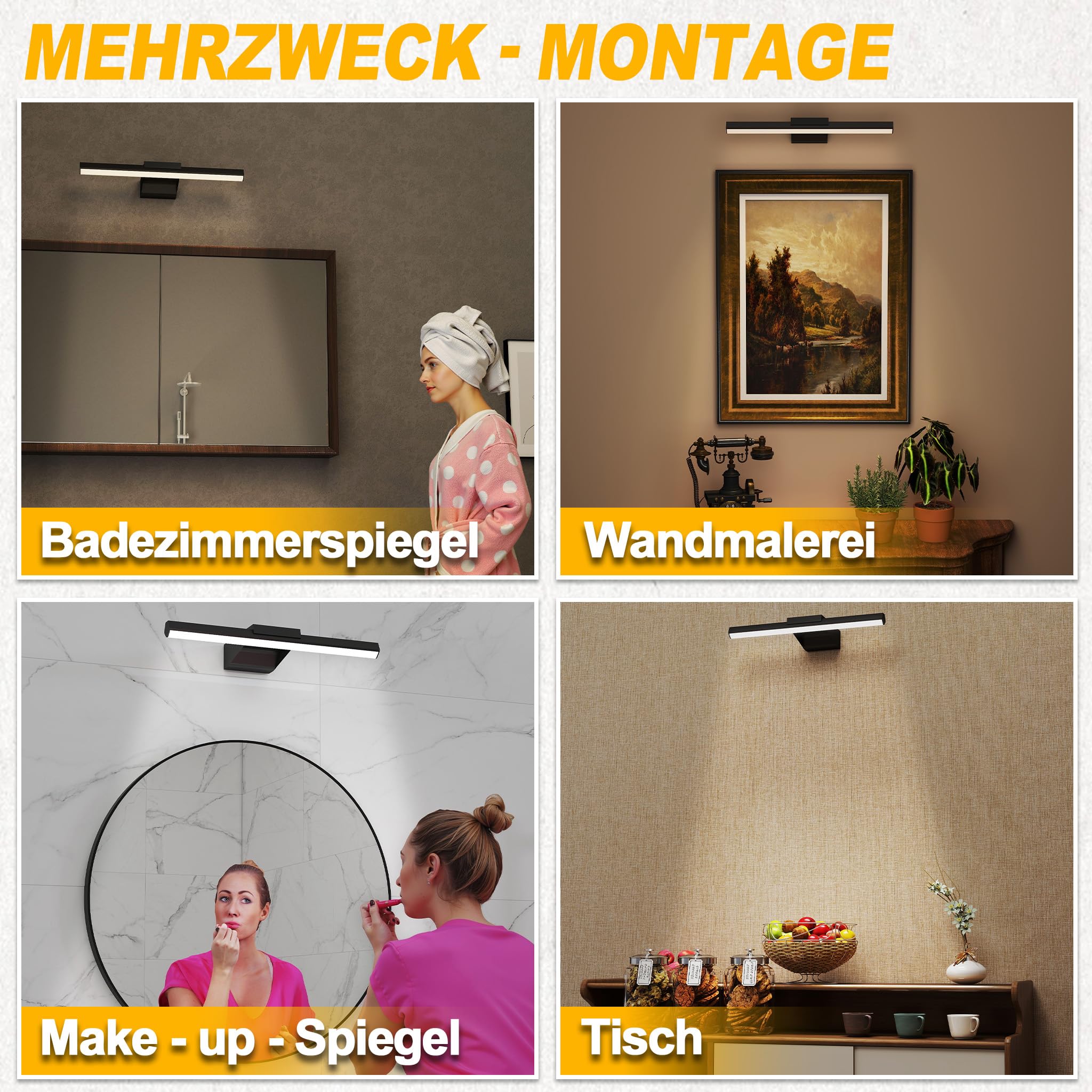 UISEBRT 15W 60cm Spiegellampe Badezimmer, Badlampe Wand, Spiegelleuchte Bad mit 1050LM, Schwarz Badezimmer Lampe Modern IP44 Schrankleuchte für Wandbeleuchtung und Spiegel Beleuchtung, Typ B Warmweiß