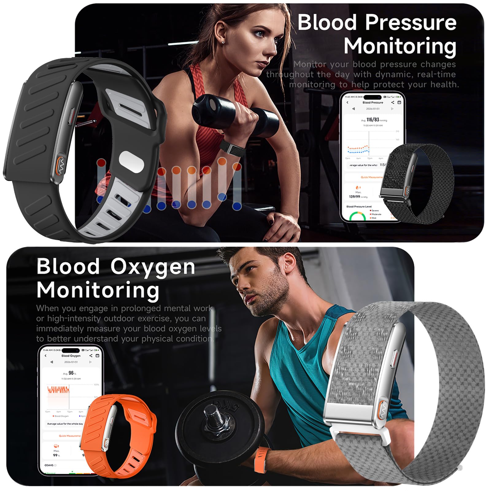 Aktivitätstracker Fitness Tracker ohne Display Fitness Armband Pulsmesser | Blutdruck Herzfrequenzmesser HRV SpO2 Schrittzähler 120+ Sportmodi Schlaftracker Smart Band Zwei Armbänder Kein Abo