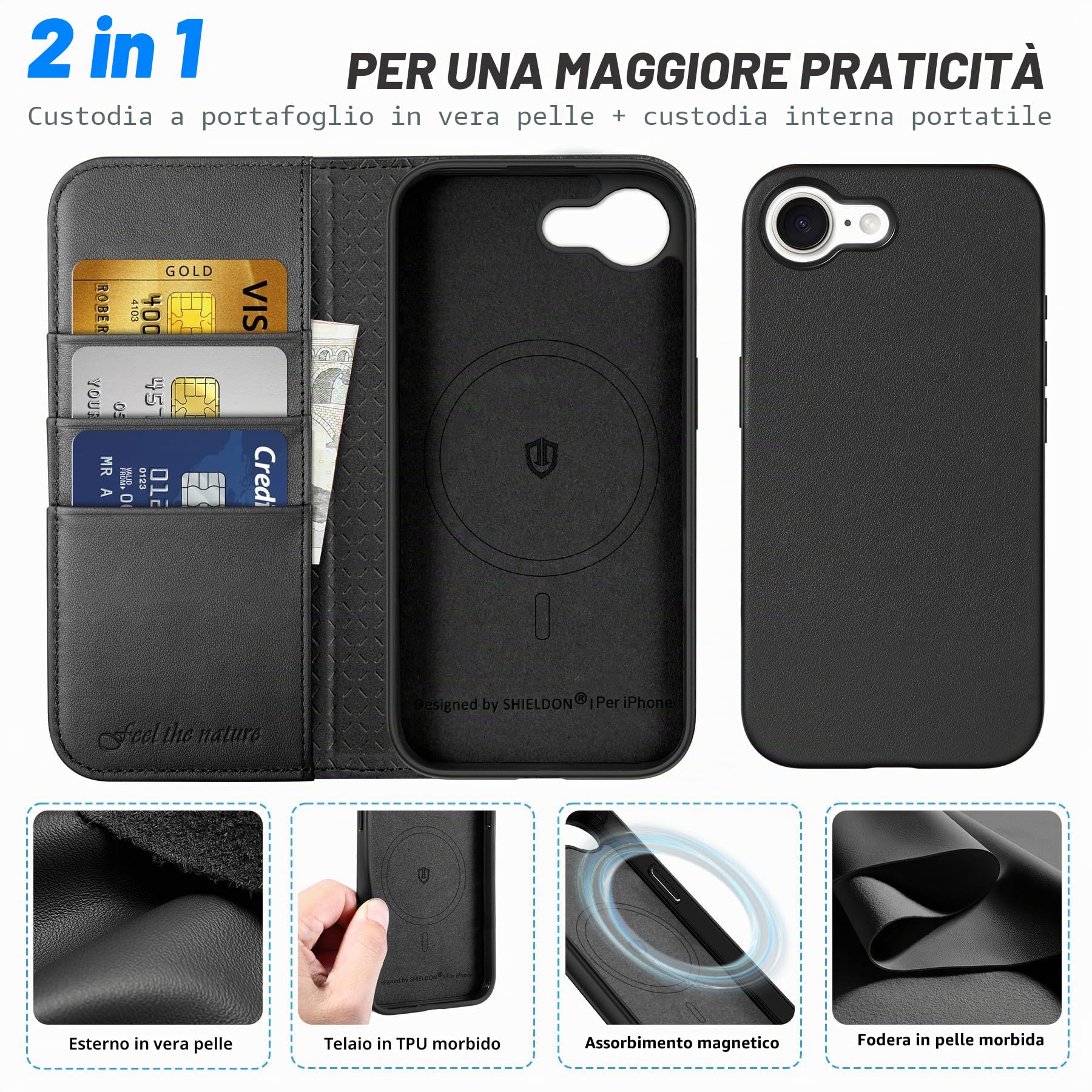 SHIELDON Cover in Vera Pelle per iPhone 16e/17e 6,1" 5G 2026, Nero | Blocco RFID, Portafoglio Magnetico 2 in 1, Ricarica Wireless, Cavalletto, Flip Rimovibile, Porta Carte, Custodia a Libro