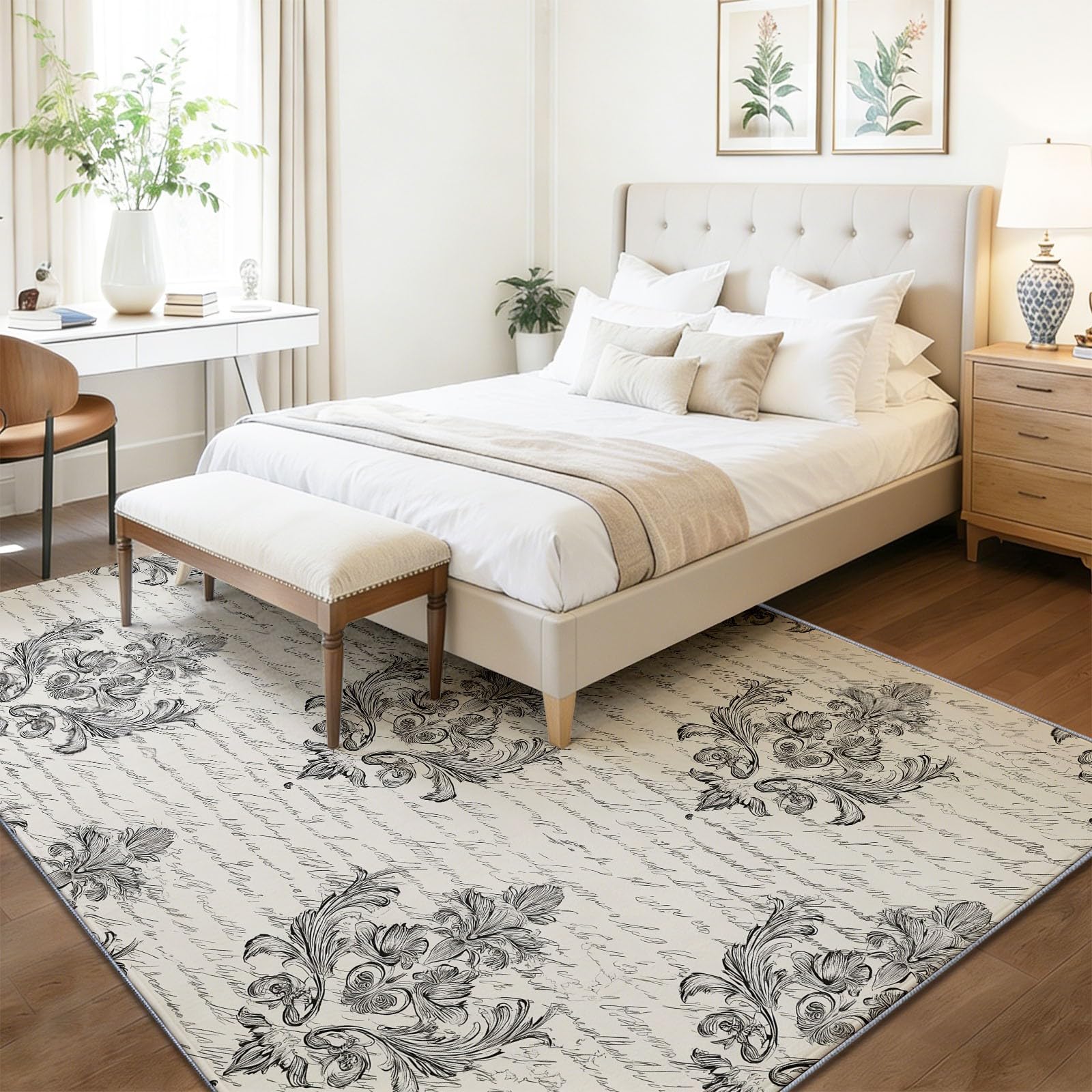 Retro Handbemalt Botanisch Teppich 120 x 170 cm Schwarz Wohnzimmerteppich Schlafzimmerteppich Waschbarerteppich Rutschfester Teppich für Küche Esszimmer, Pflegeleicht & Langlebig,
