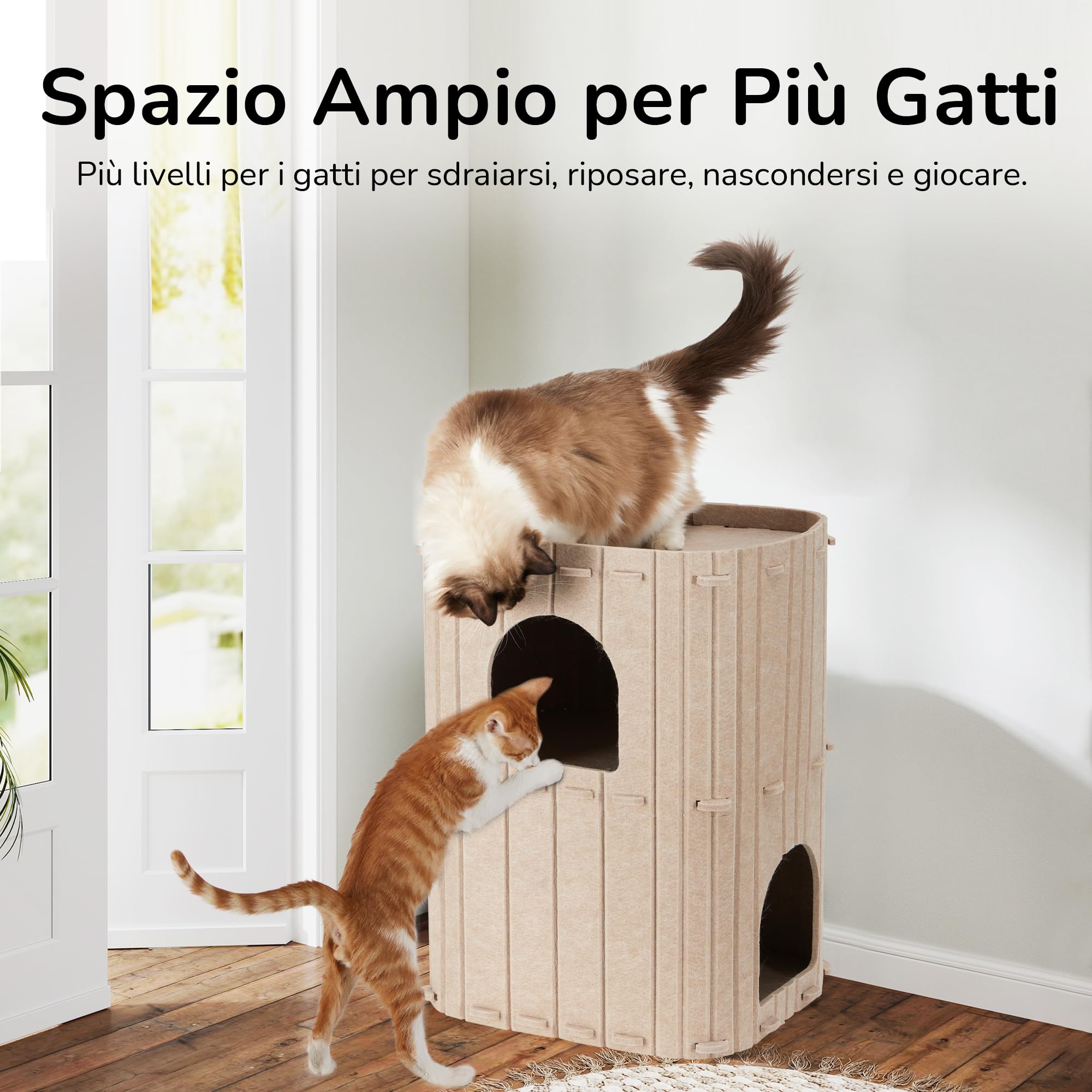 FUKUMARU Cuccia per Gatti da Interno, Tana a 2 Piani Letto per Gatti Grande, Tunnel Condo in Feltro Morbido per Nascondiglio e Gioco per Più Gatti, 45x36.5x60 cm, Cammello