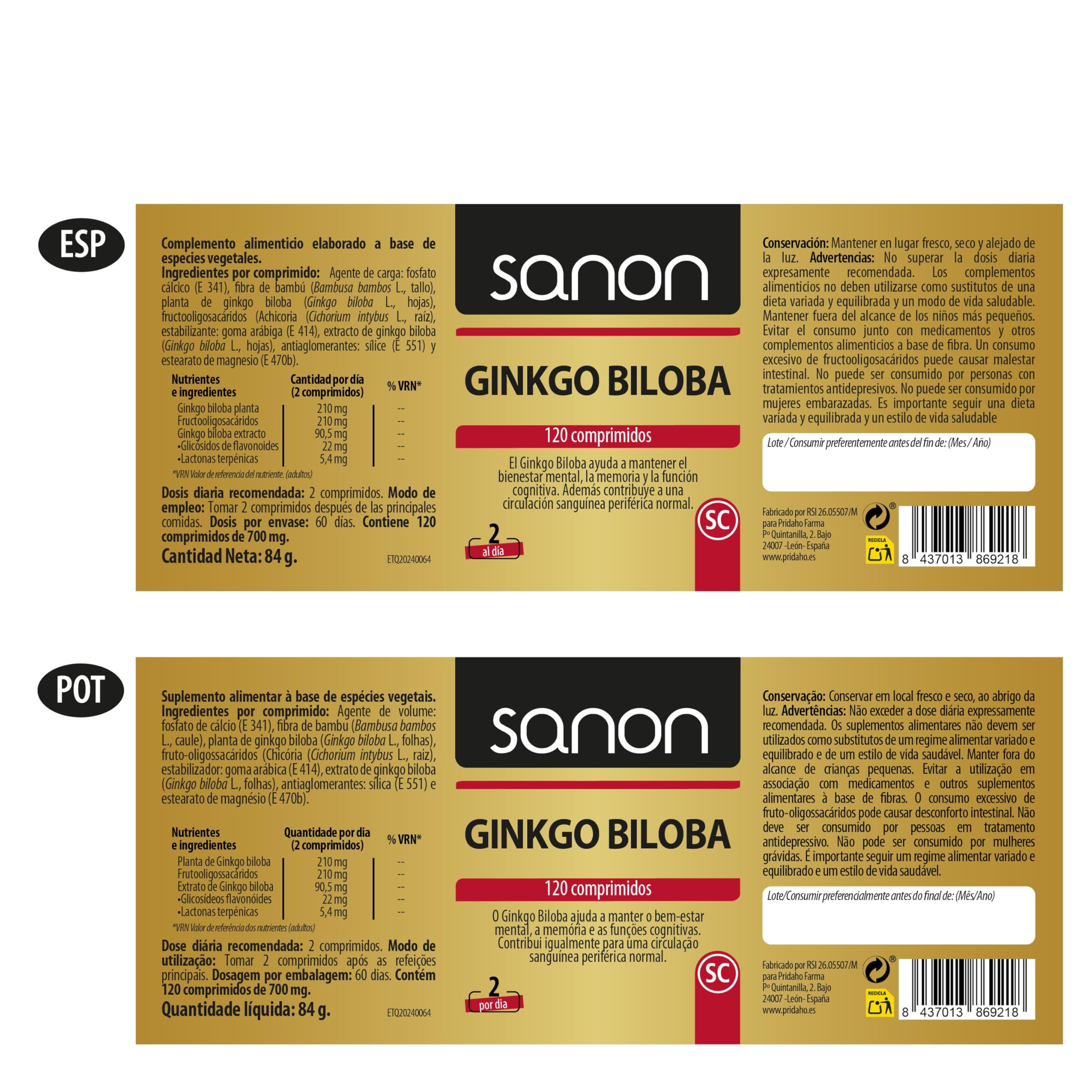 SANON Ginkgo Biloba - 120 Comprimidos de 700mg - Complejo Vitaminico Antioxidante - Ayuda a la Memoria, Circulación Sanguínea, Concentración y Cansancio Mental, Protector Capilar