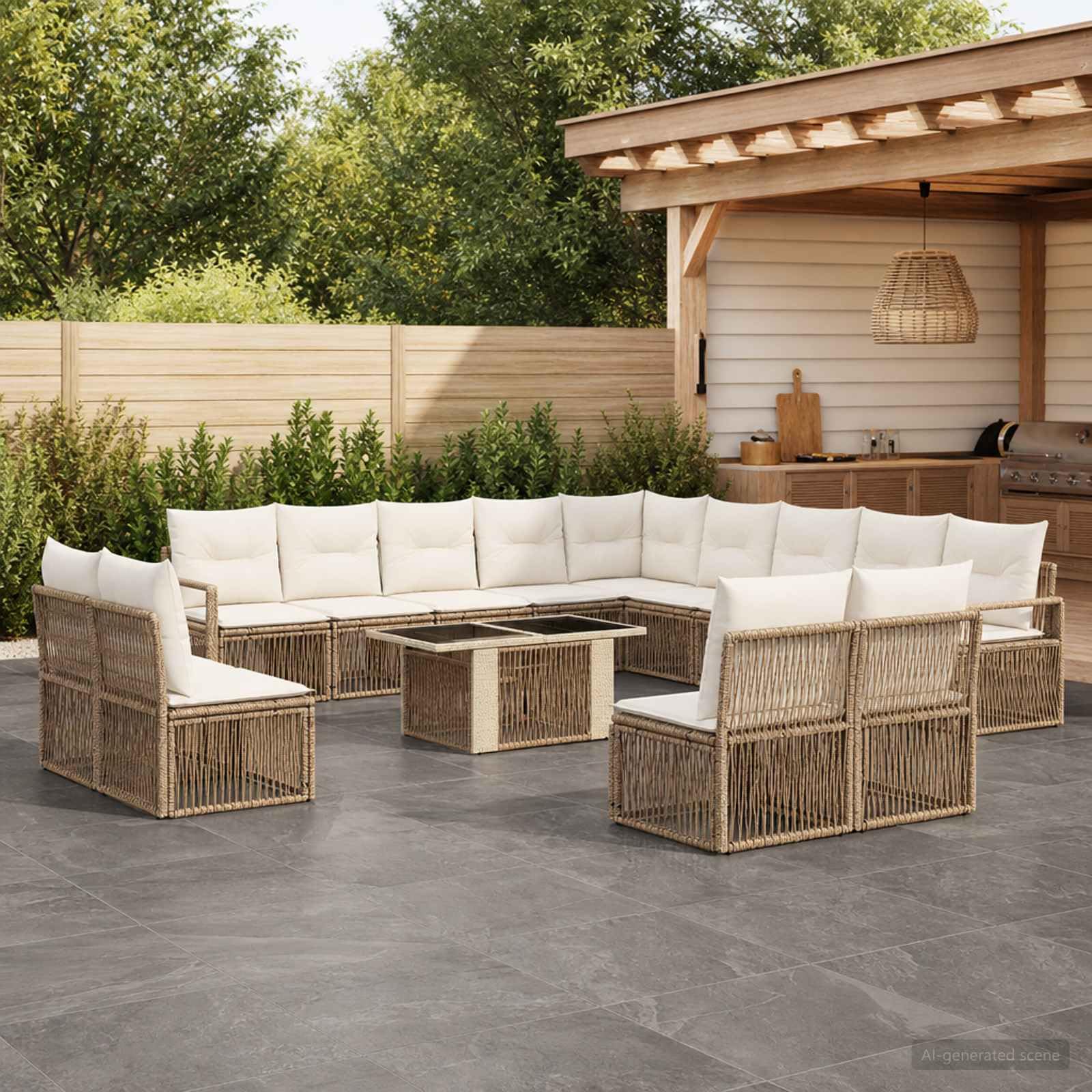 vidaXL Set Divano da Giardino 14 pz Beige e Bianco Crema polyrattan