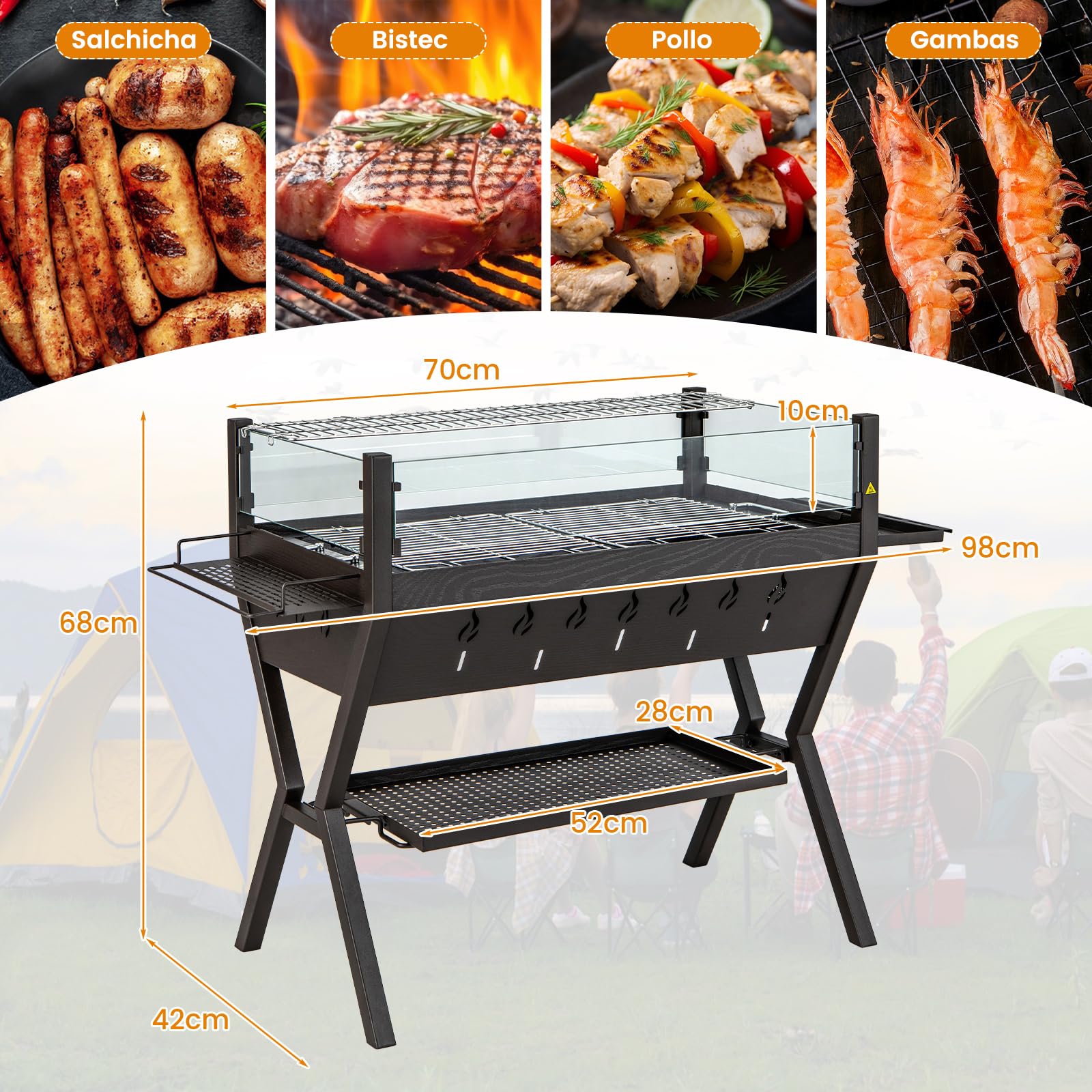 COSTWAY Barbacoa Carbón y Leña con Parrillas, Acero Inoxidable, Barbacoa Carbon con Protector Contra Viento, Estantes para Condimentos y de Almacenamiento, con Guantes