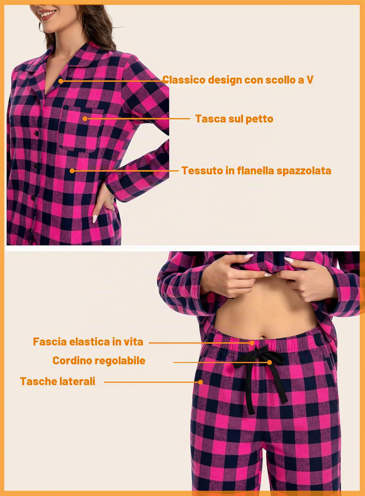 Nutria Pigiama da donna, 100% cotone, in flanella, a maniche lunghe, con colletto aperto, bottoni, parte inferiore lunga, biancheria da notte invernale, loungewear con scollo a V, maglietta e