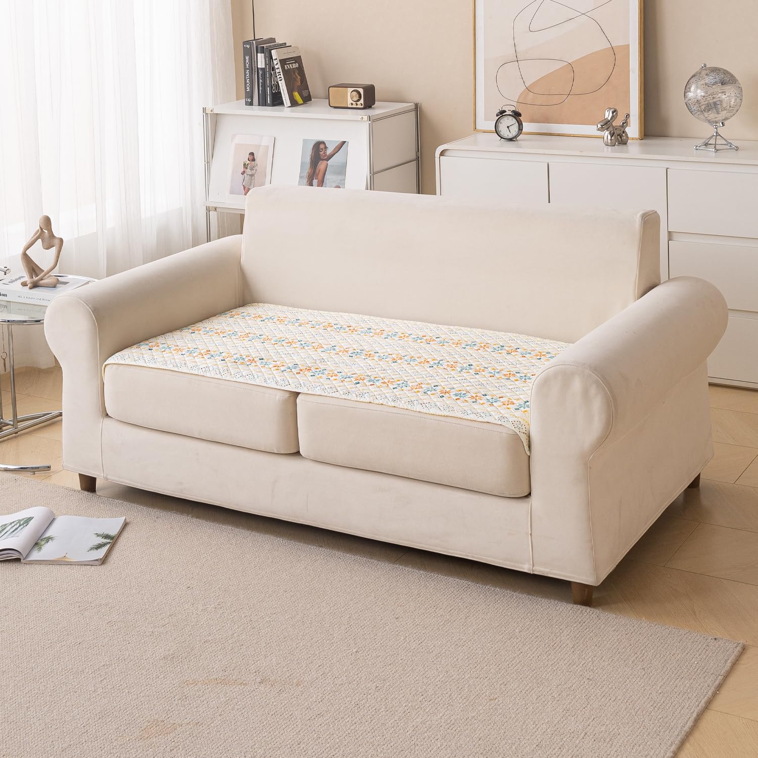 House of Quirk Printed Sofa Cover for Indian Sofa Set – Quilted, Washable & Durable Fabric Protector (Two Seater, Beige Garland, 70x120 cm)-image-35