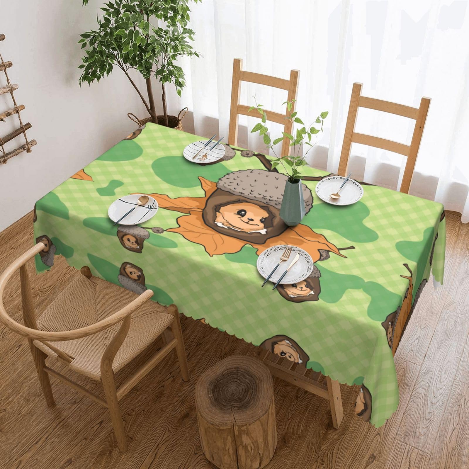 QAZWZML Cartoon squirrel Printed tablecloth, made of thick polyester with lace trim, suitable for dining rooms, picnics, and weddings