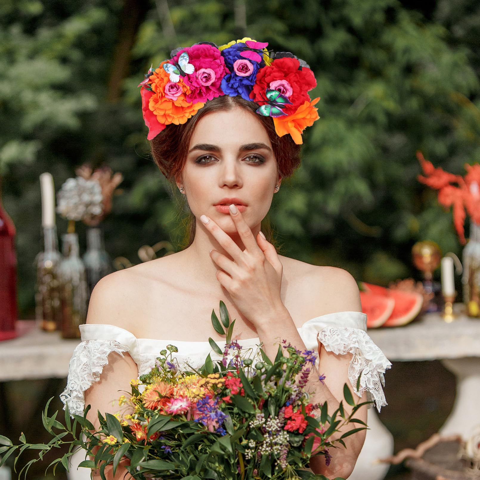 Diadema De Flores y Tocado De De Flores Multifuncional Para Mujer y Niña, Diseño Colorido Rojo, Púrpura, Naranja y Azul, Adecuado Para Bodas, Fiesta y Sesiones De Fotos